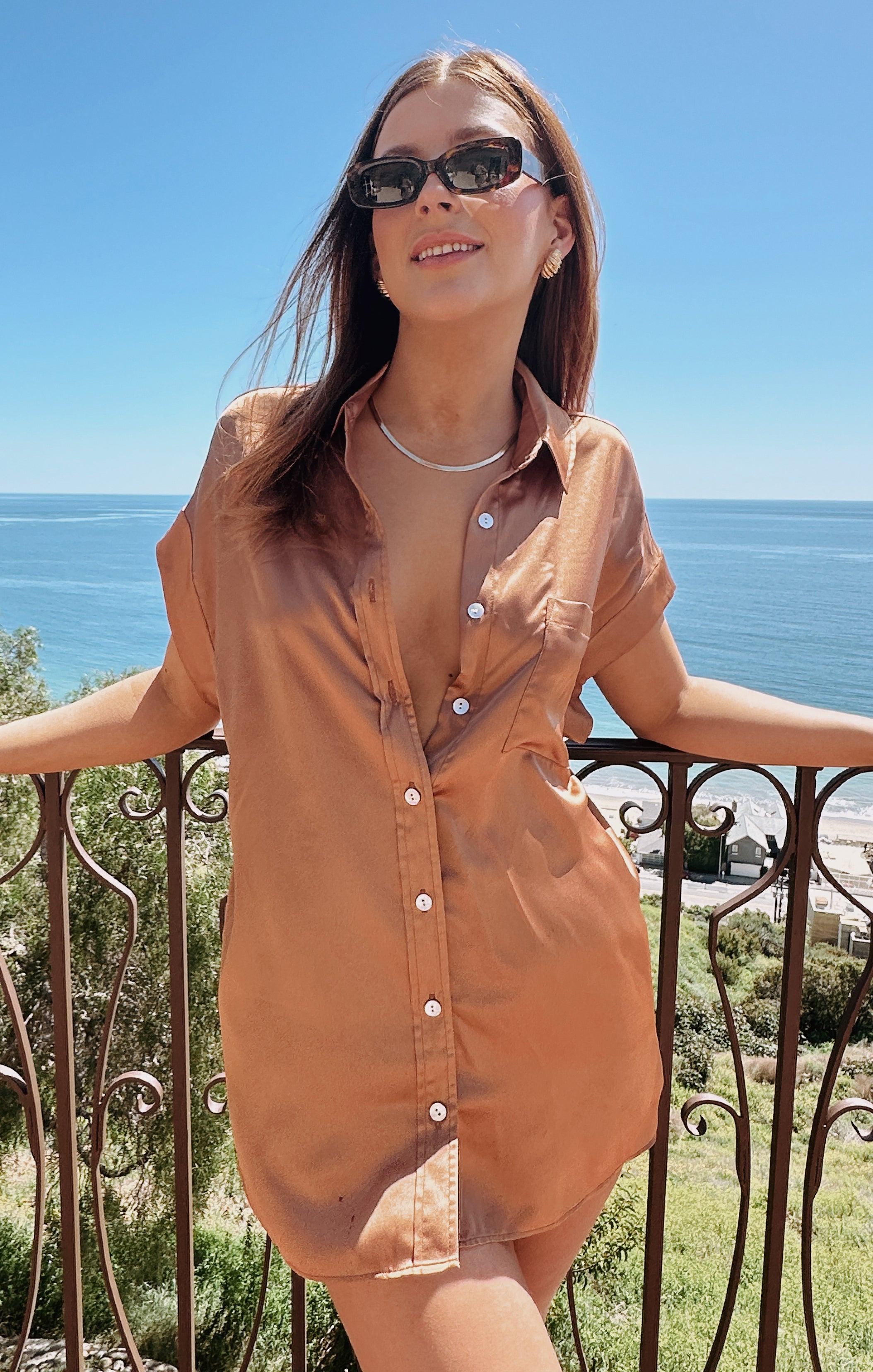 Bridesmaid Satin Button-Up Shirt - Copper Luxe Blouse