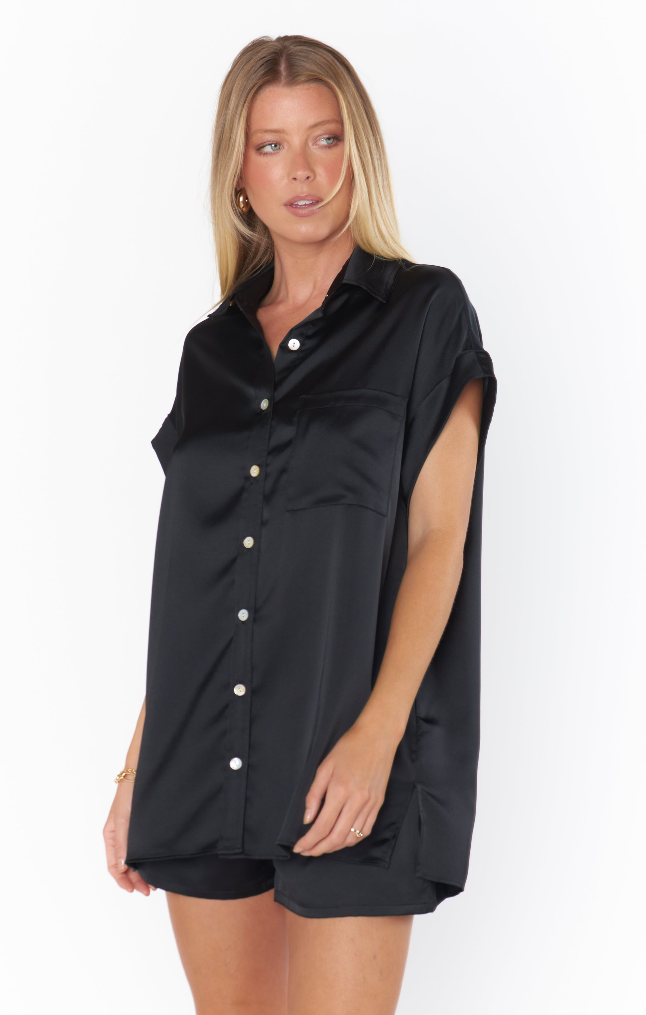 Bridal Party Satin Button Up Shirt - Black Luxe for Getting Ready Photos