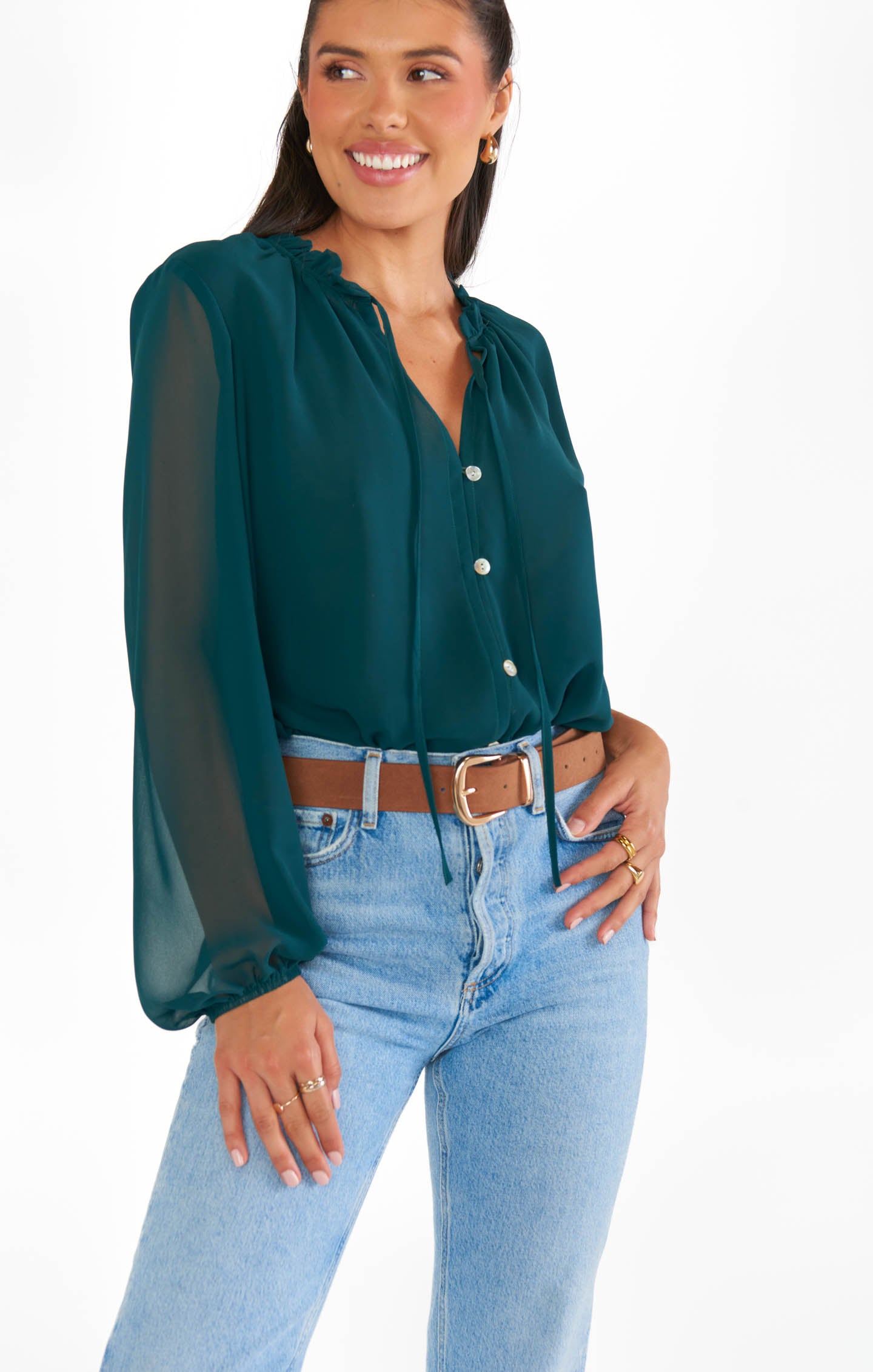 Emerald Chiffon Alicia Tunic with Ruffled Collar & Balloon Sleeves