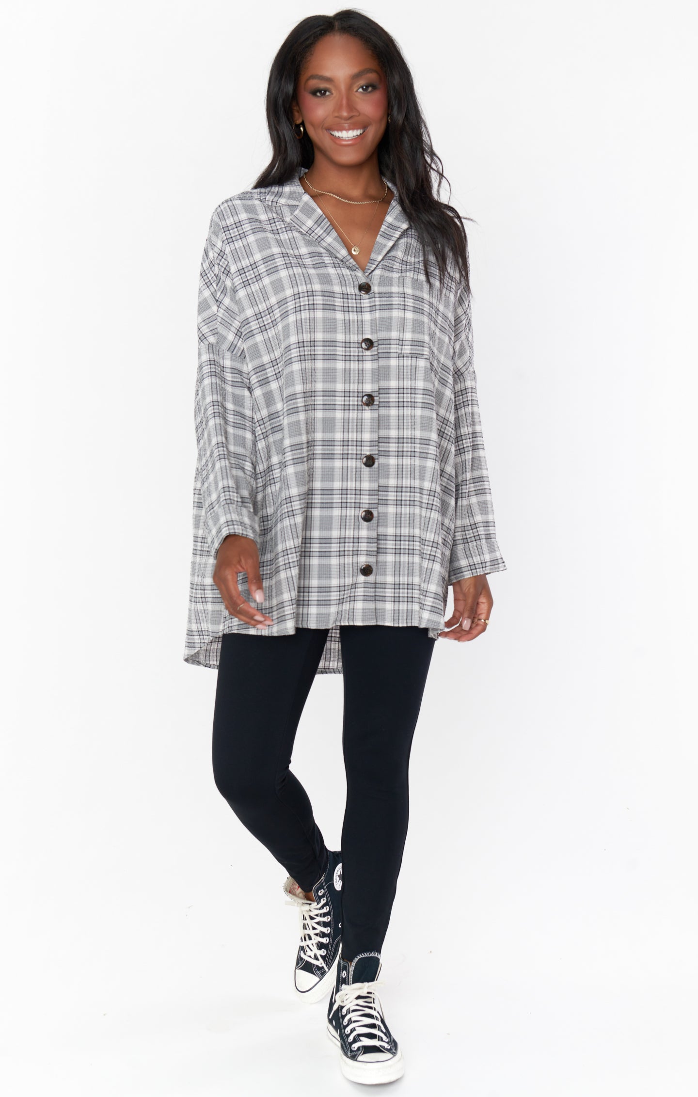Lorolie Oversized Plaid Tunic Shirt with Button Front