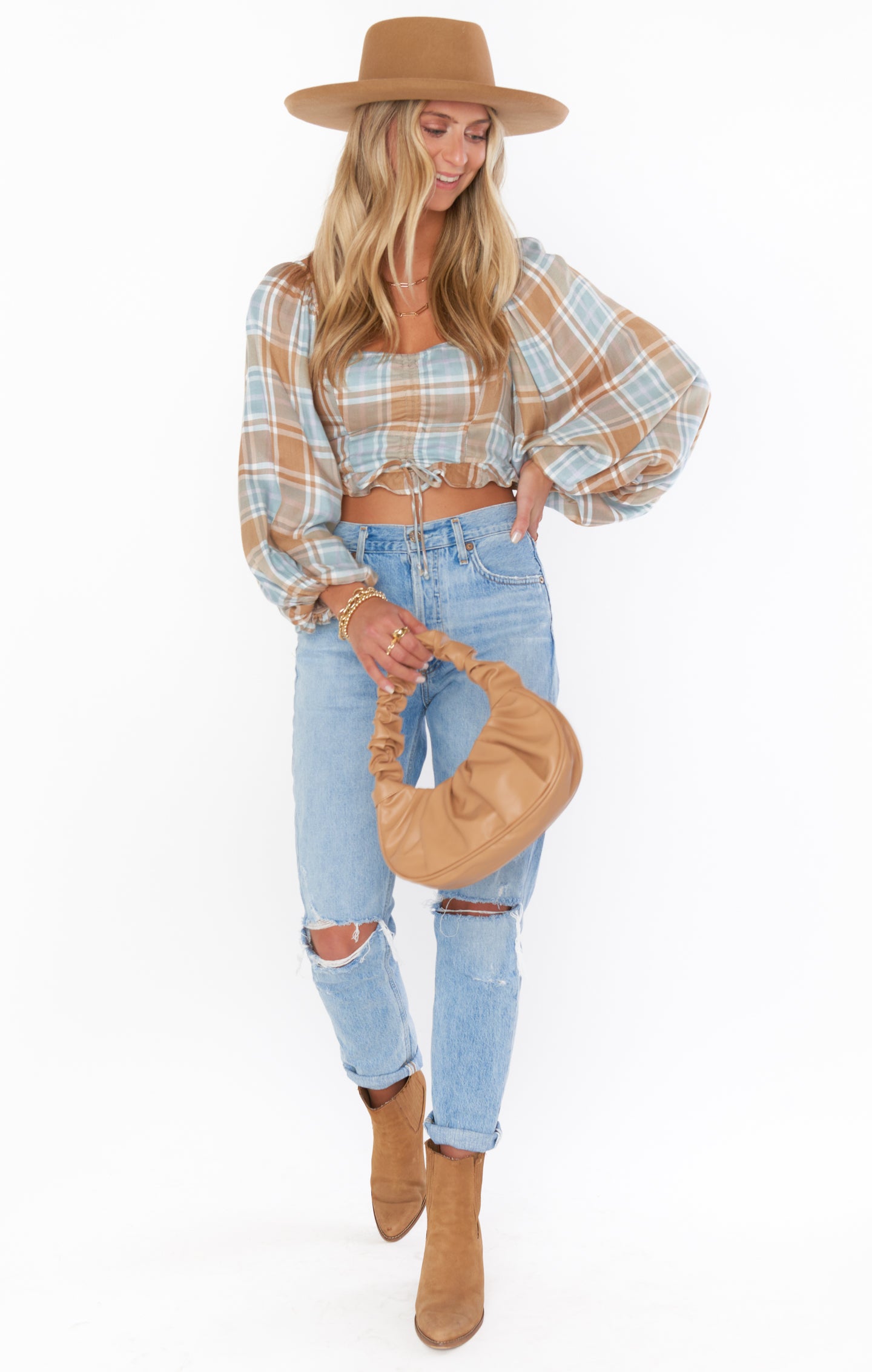 Jenna Plaid Crop Top with Ruffled Sleeves & Drawstring