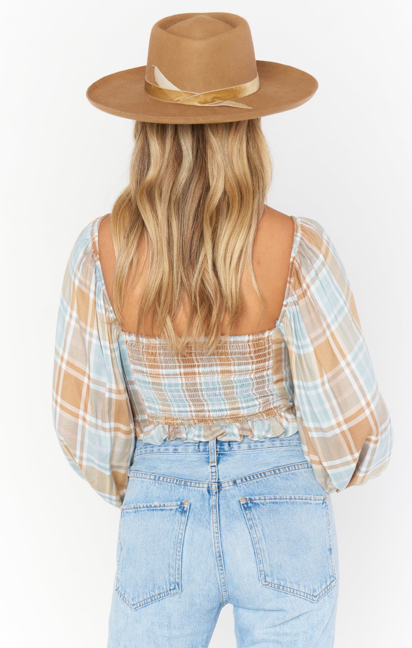 Jenna Plaid Crop Top with Ruffled Sleeves & Drawstring