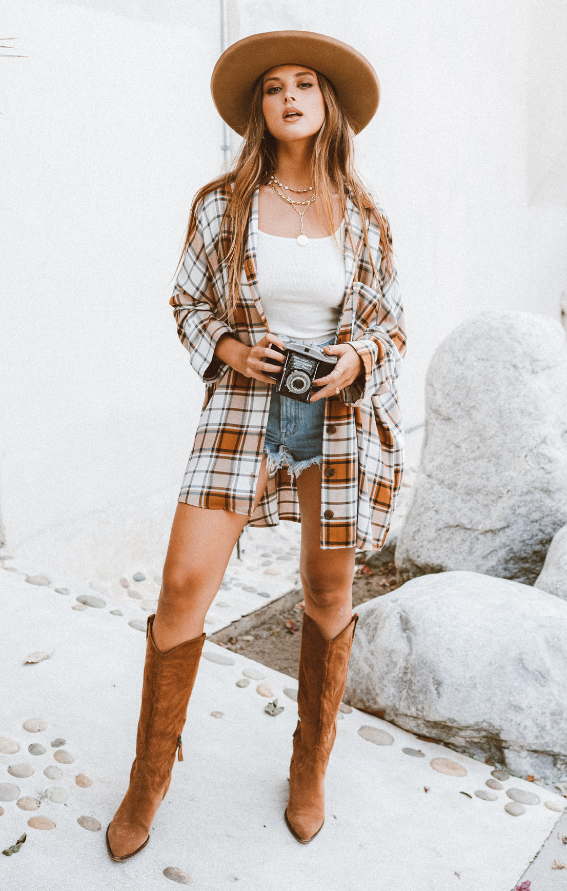 Lorolie Oversized Tan Plaid Button-Down Tunic Top