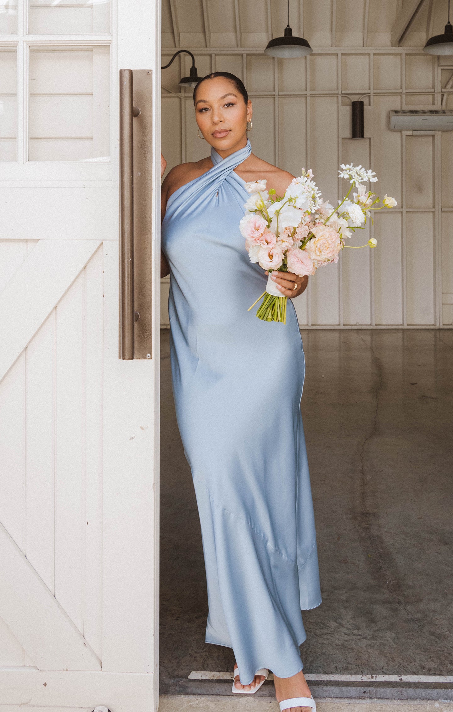 Steel Blue Satin Halter Maxi Dress with Open Back