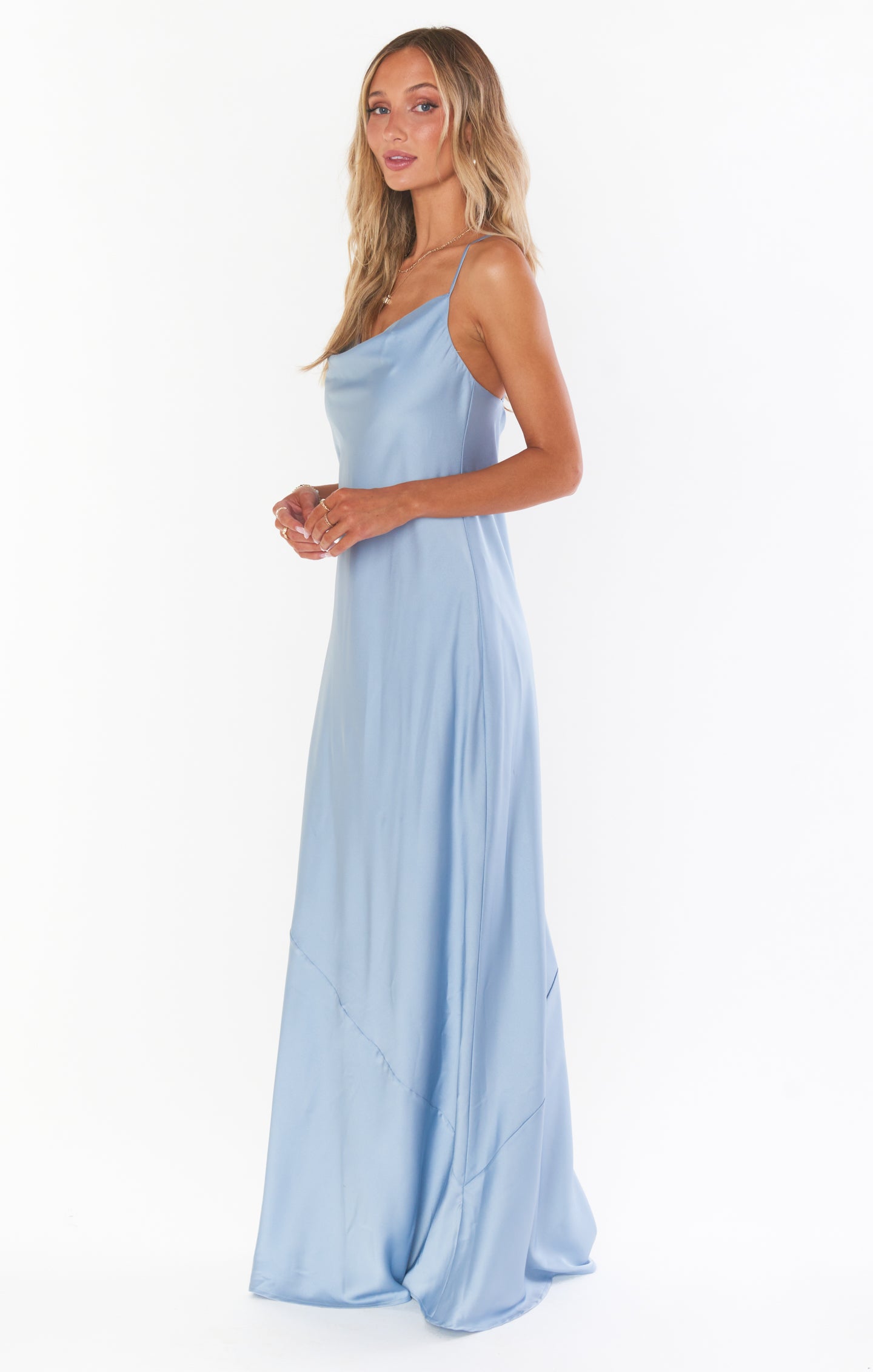 Tuscany Maxi Slip Dress in Steel Blue Satin with Built-In Bra