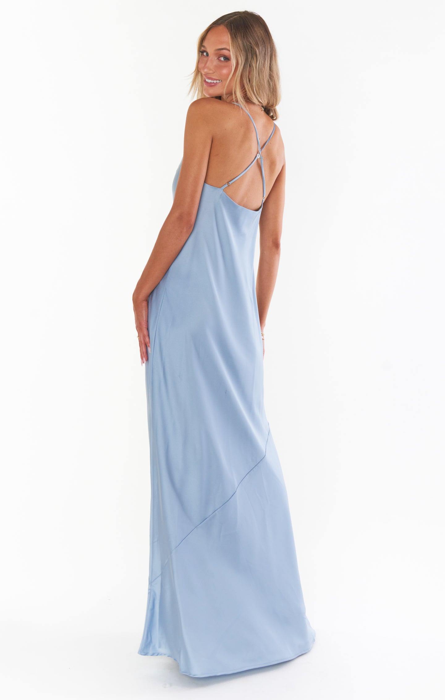 Tuscany Maxi Slip Dress in Steel Blue Satin with Built-In Bra