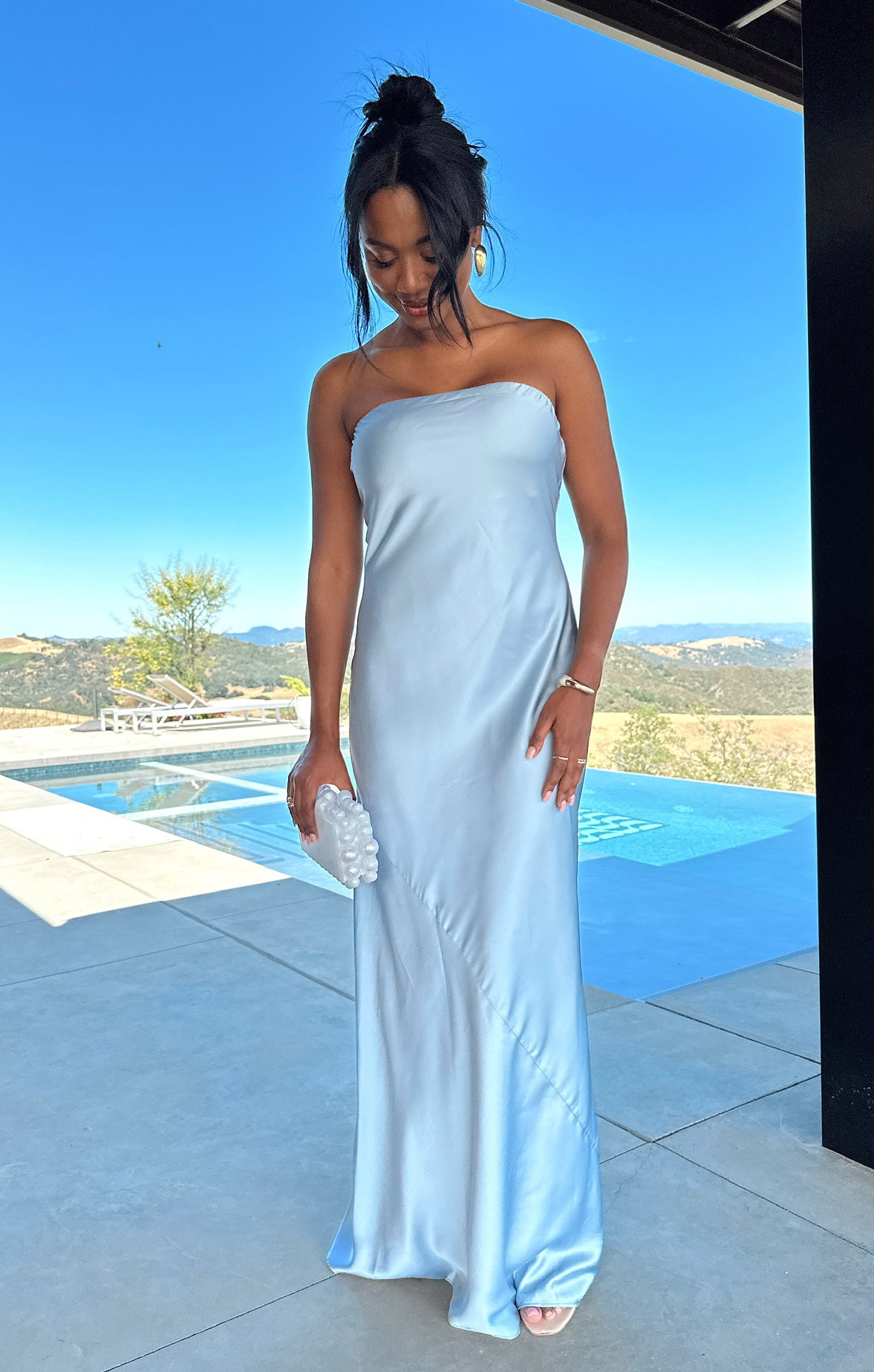 Steel Blue Satin Taylor Tube Maxi Dress for Events