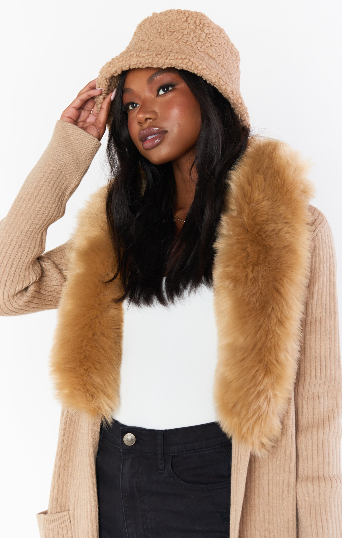 Teddy Bucket Hat for Women - Cozy Fall Tan Beanie
