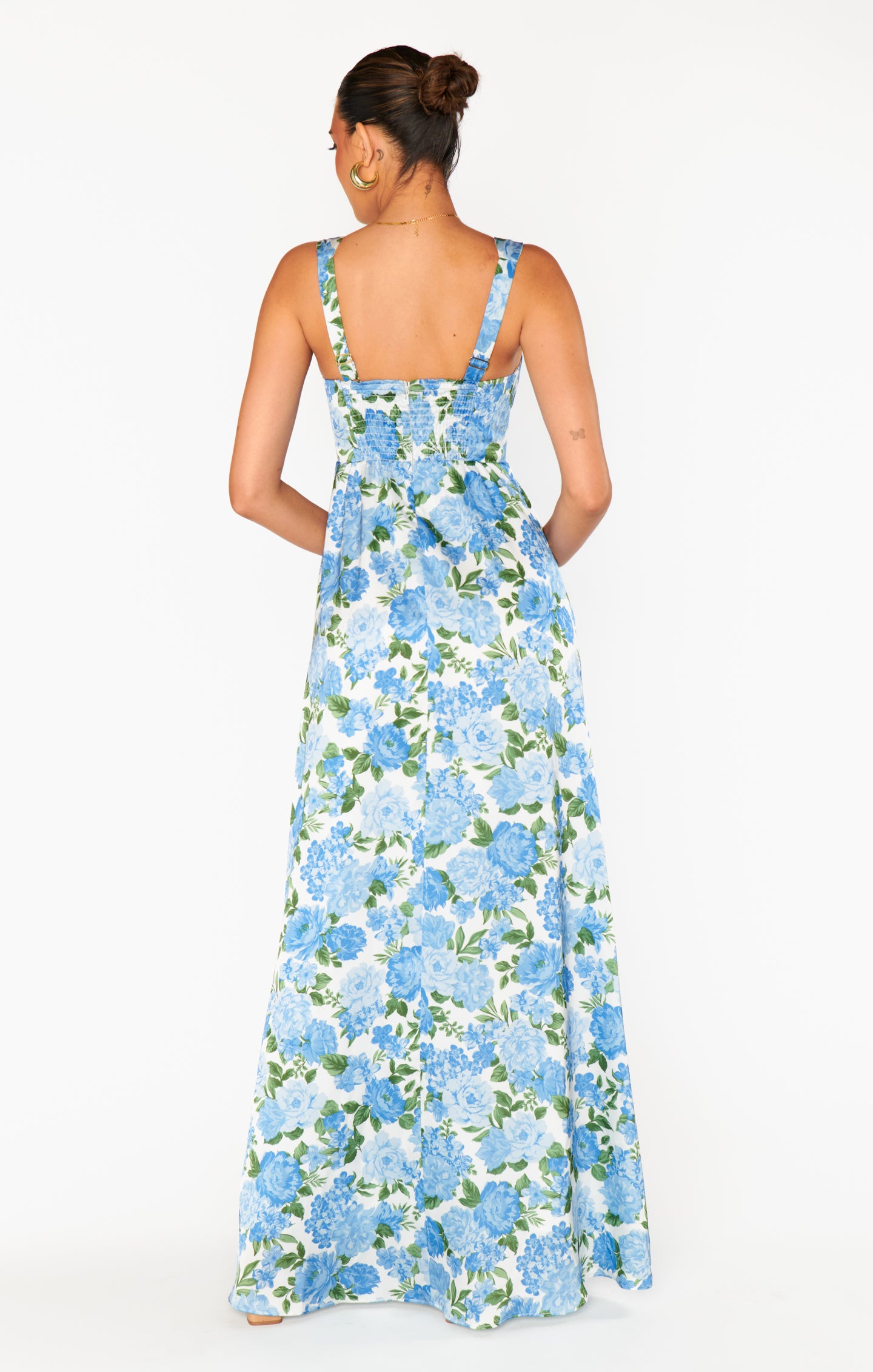 Nina Floral Corset Maxi Dress with Smocked Back - Blue Cottagecore