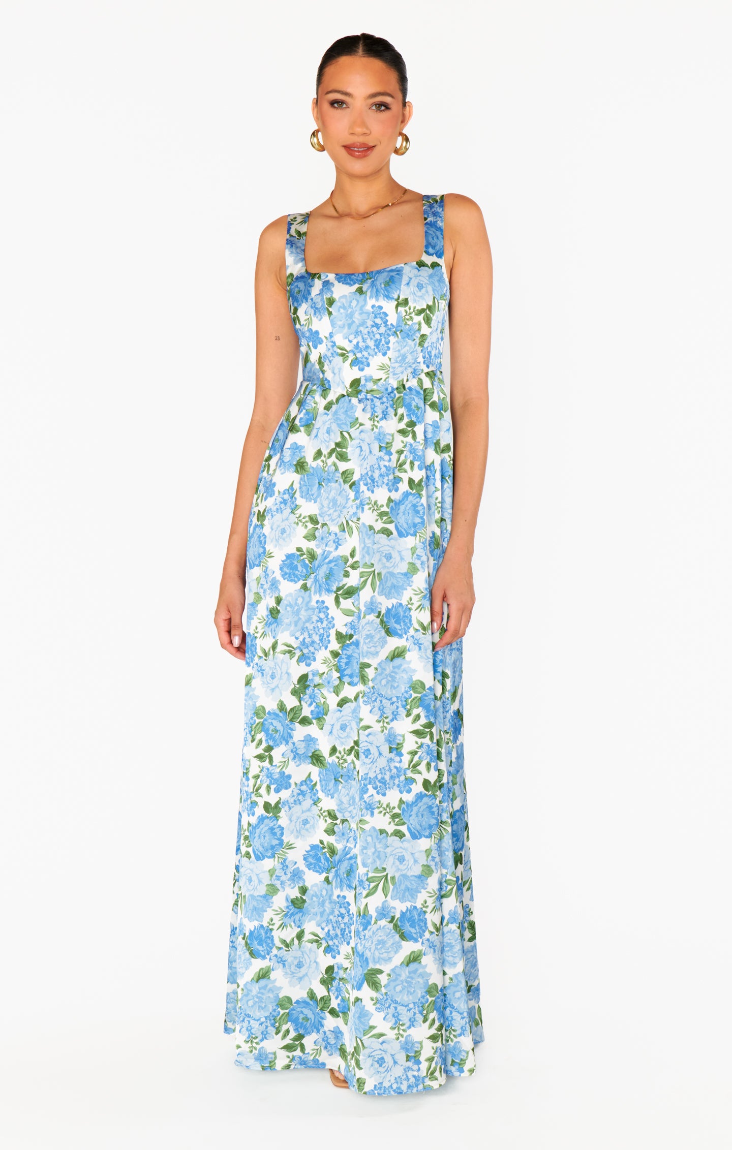 Nina Floral Corset Maxi Dress with Smocked Back - Blue Cottagecore