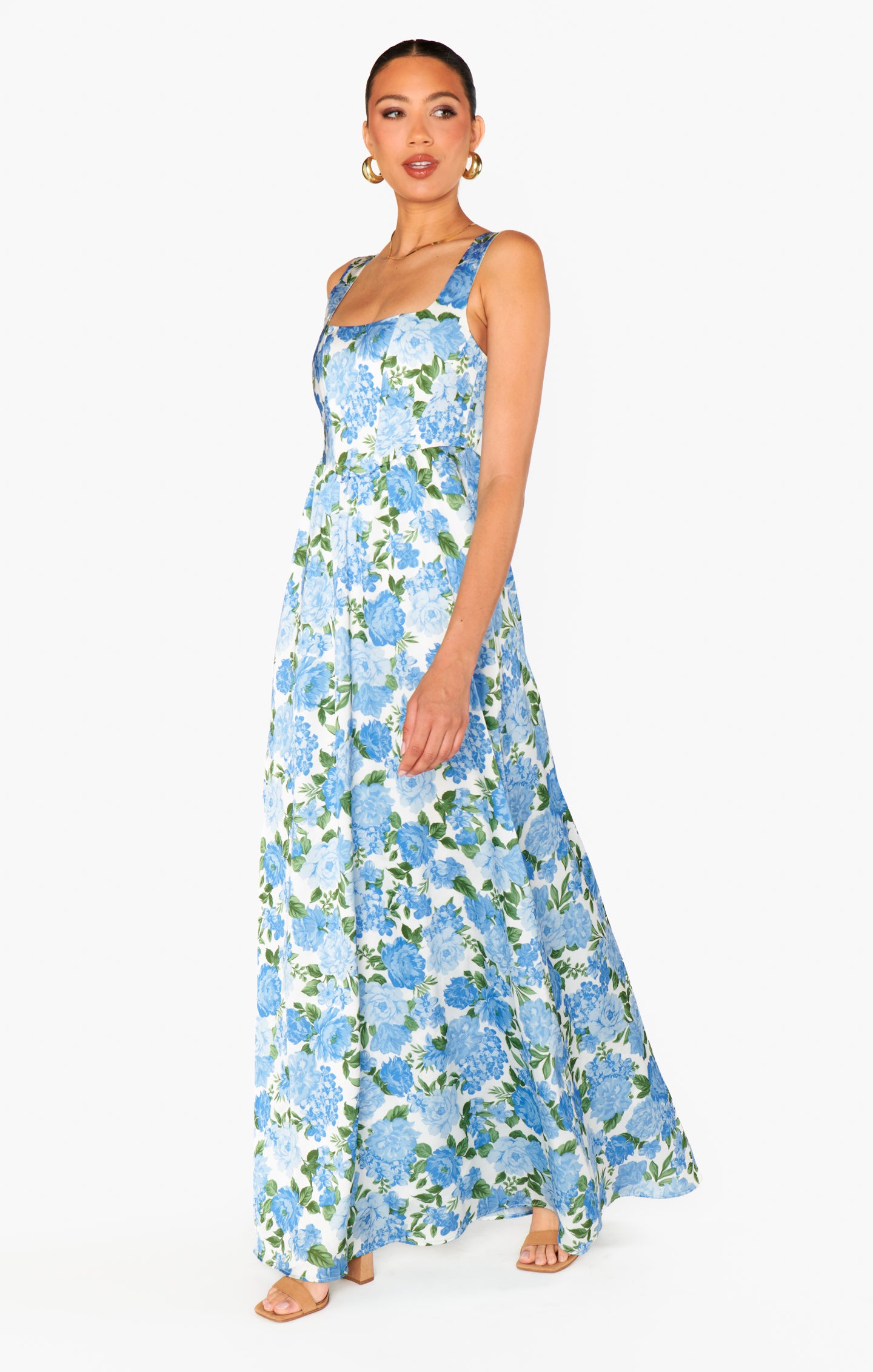 Nina Floral Corset Maxi Dress with Smocked Back - Blue Cottagecore