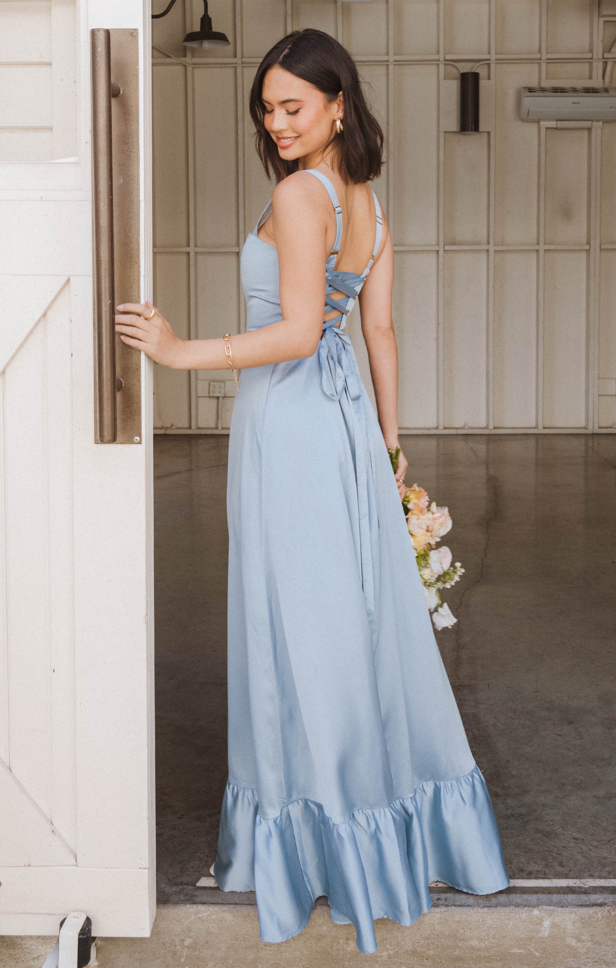 Clarissa Steel Blue Satin Corset Maxi Dress with Side Slit
