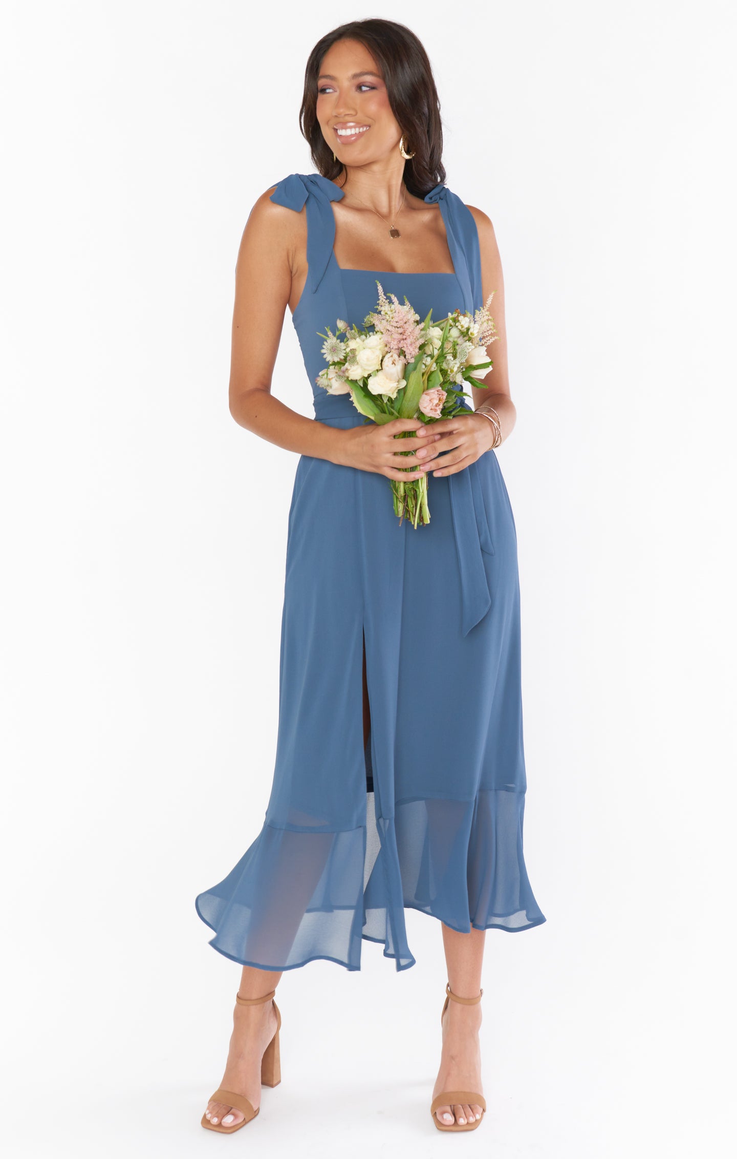 Square Neck Smocked Back Midi Dress with Slit - Slate Blue Chiffon