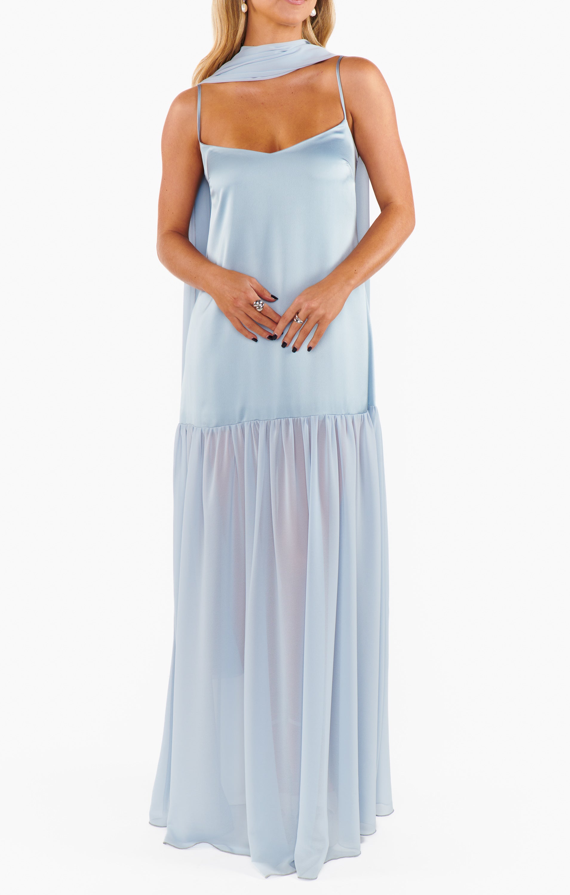 Dalia Steel Blue Satin Maxi Dress with Scarf for Special Occasions