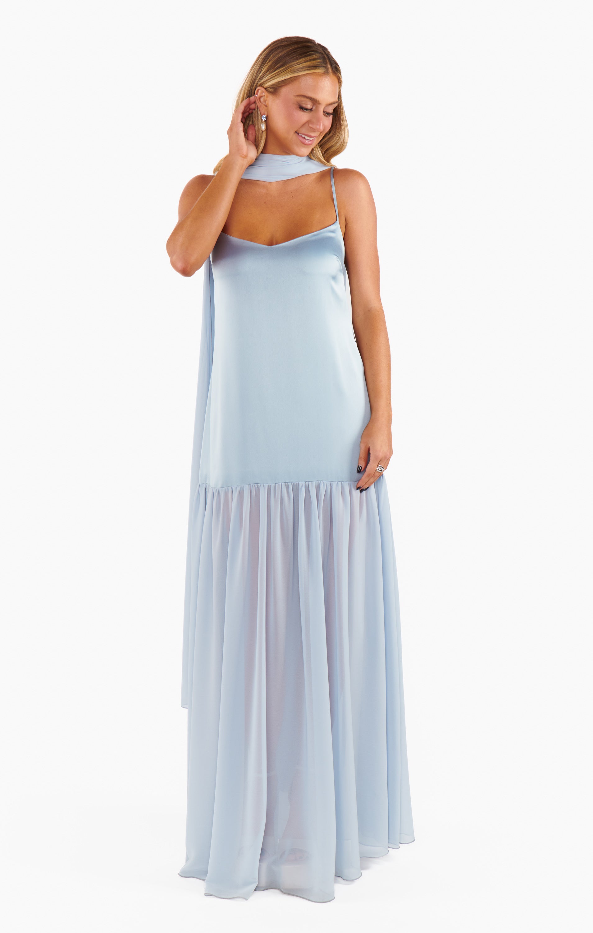 Dalia Steel Blue Satin Maxi Dress with Scarf for Special Occasions