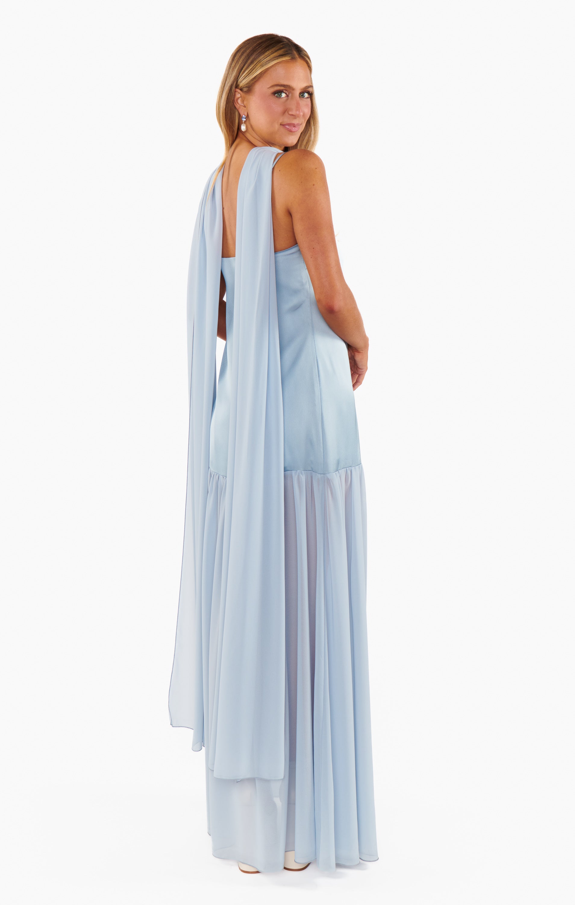 Dalia Steel Blue Satin Maxi Dress with Scarf for Special Occasions