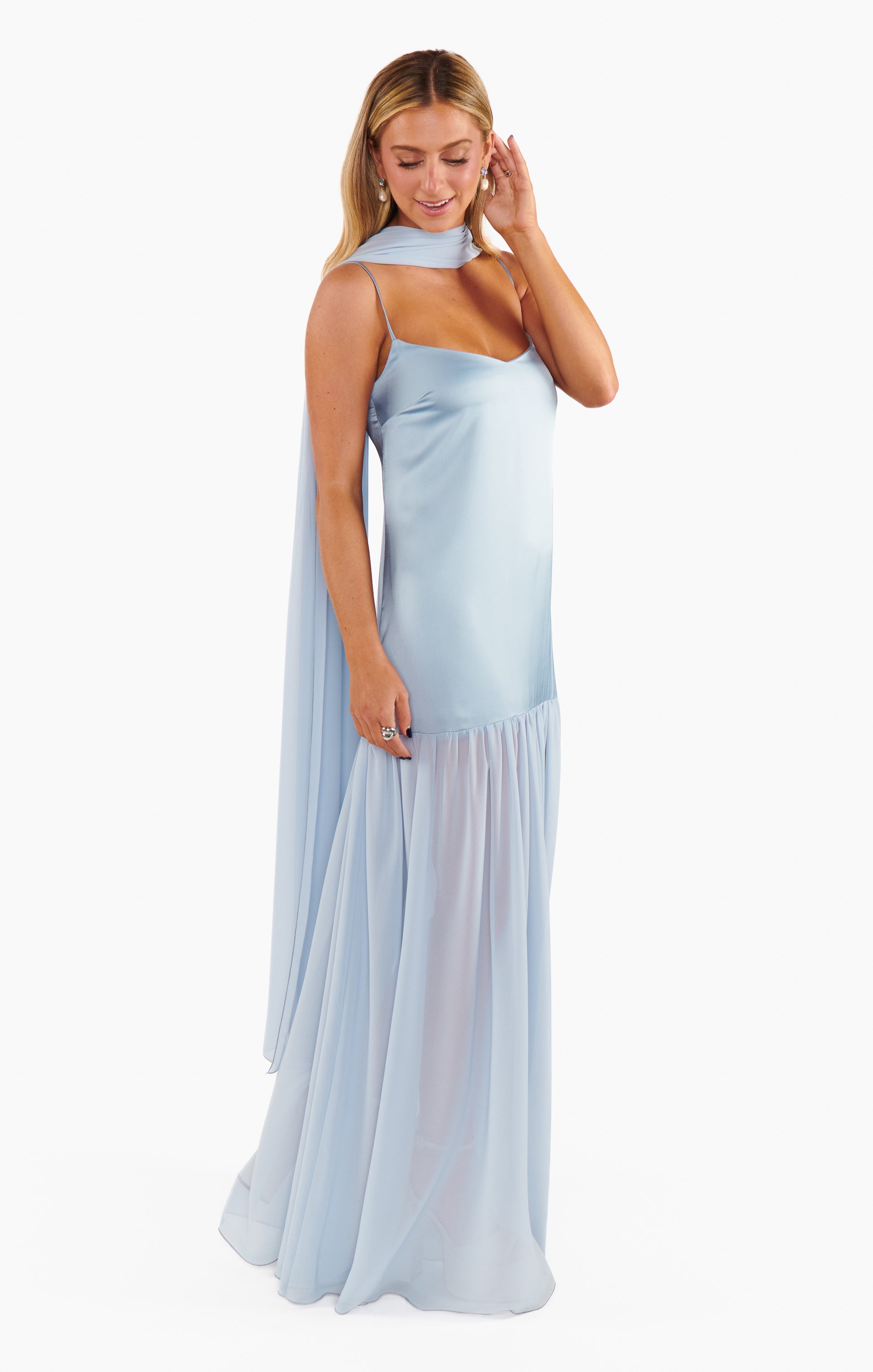 Dalia Steel Blue Satin Maxi Dress with Scarf for Special Occasions
