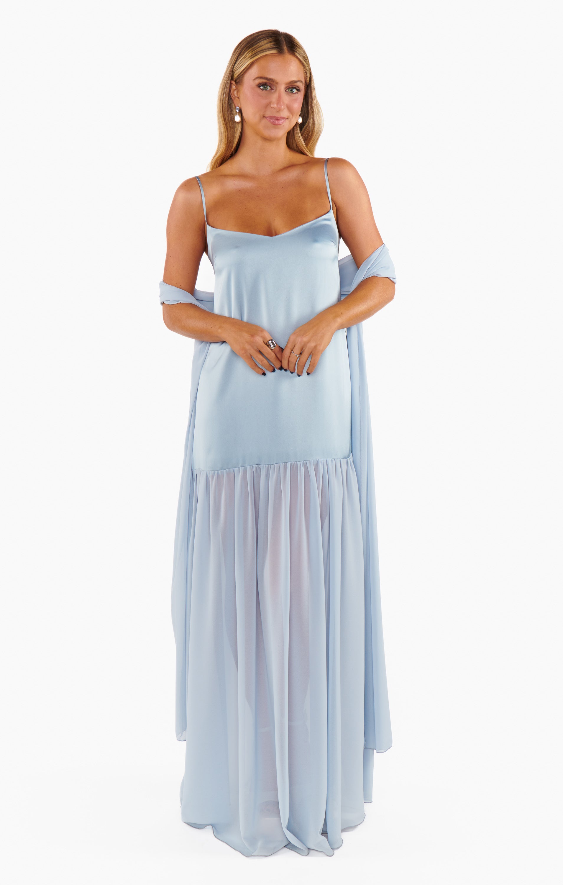 Dalia Steel Blue Satin Maxi Dress with Scarf for Special Occasions