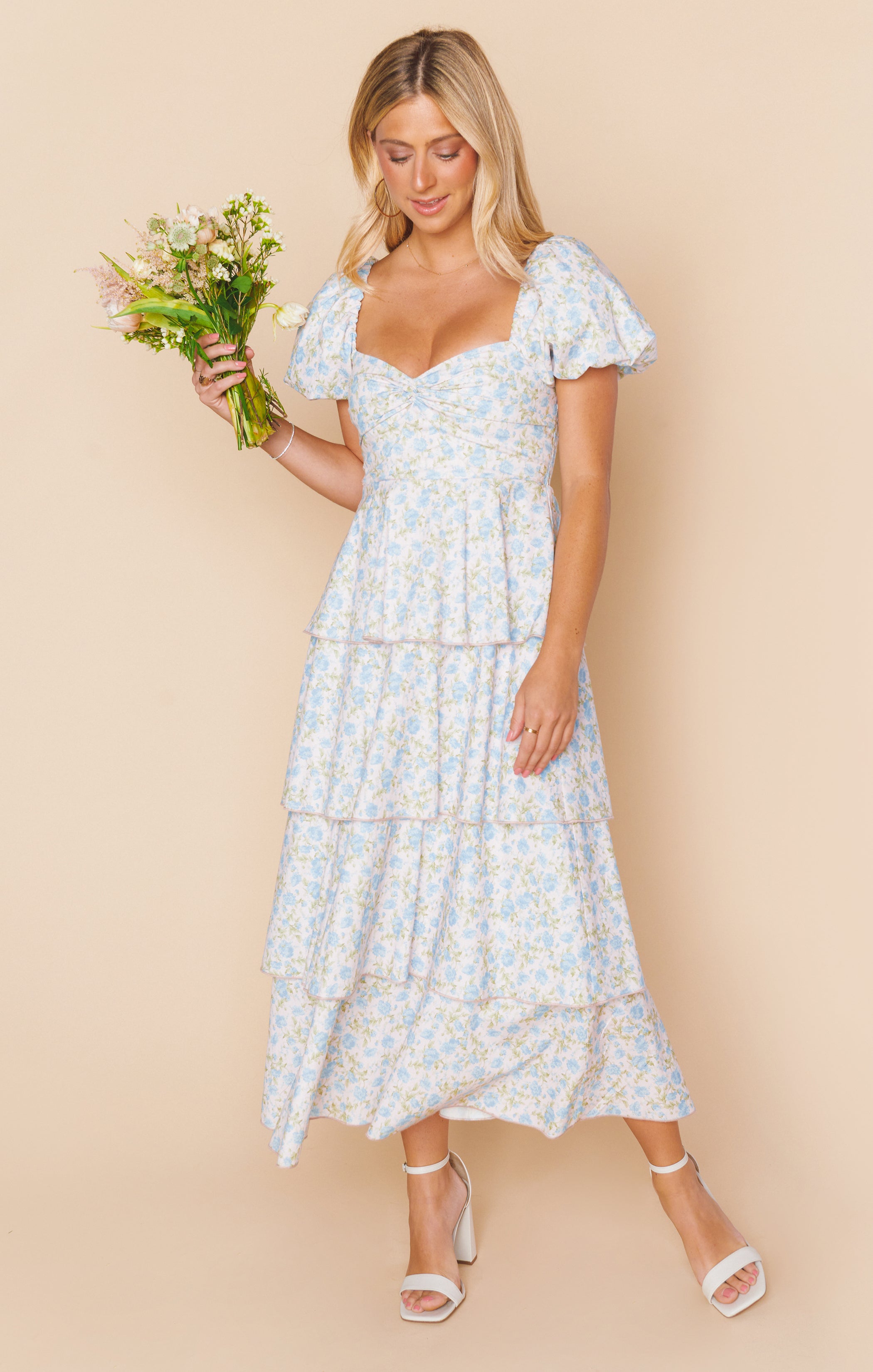Va Va Midi Dress with Sweetheart Neckline & Ruffled Tiers