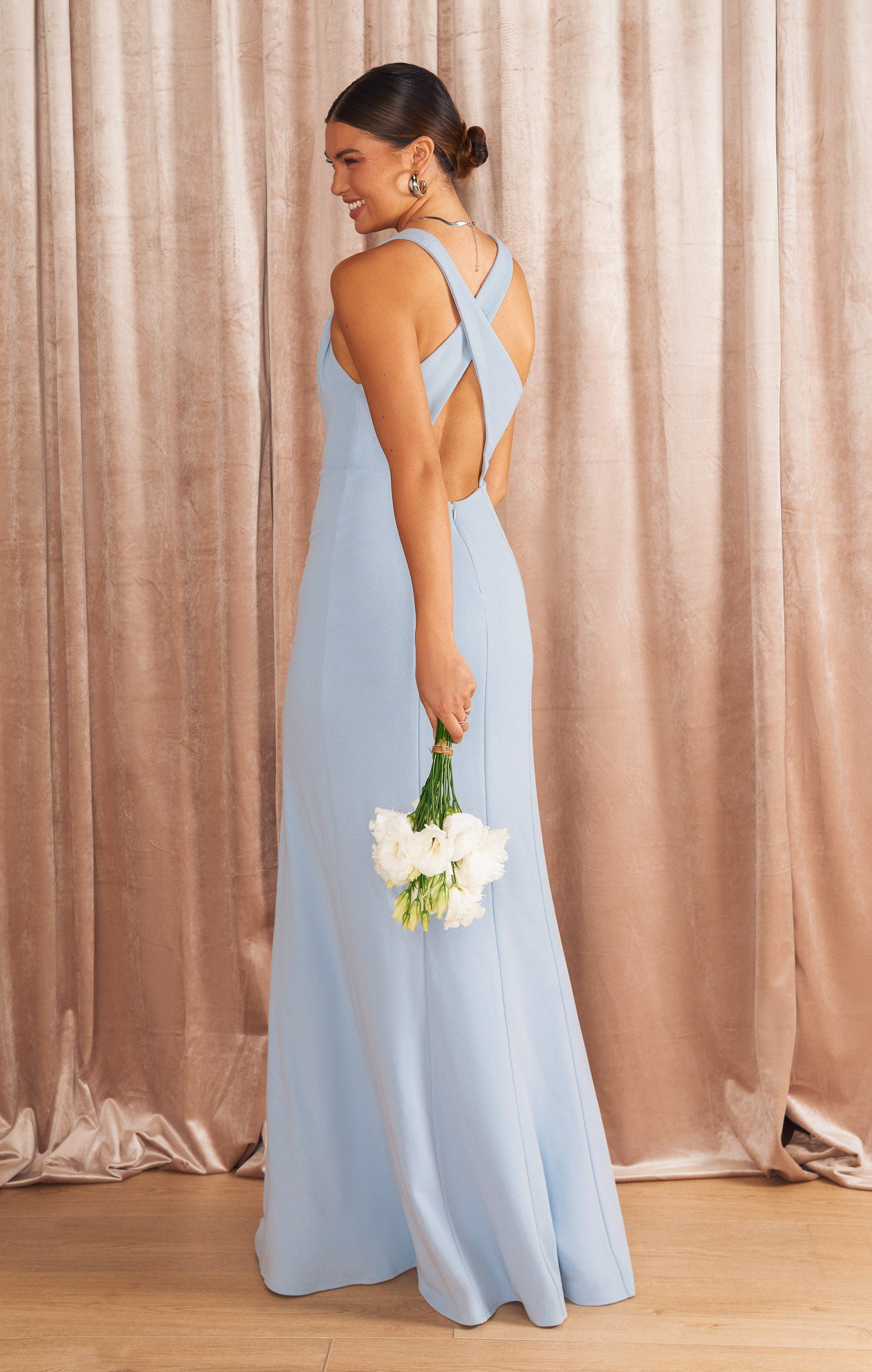 Rachel Maxi Dress in Steel Blue with V-Neck & Back Strap Detail