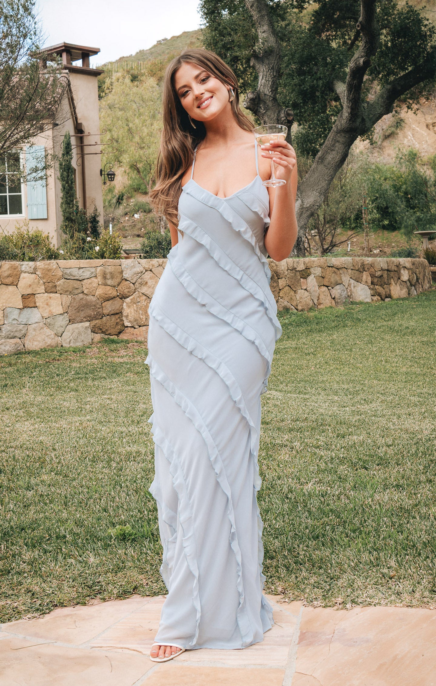 Steel Blue Chiffon Ruffle Maxi Dress for Weddings & Formal Events