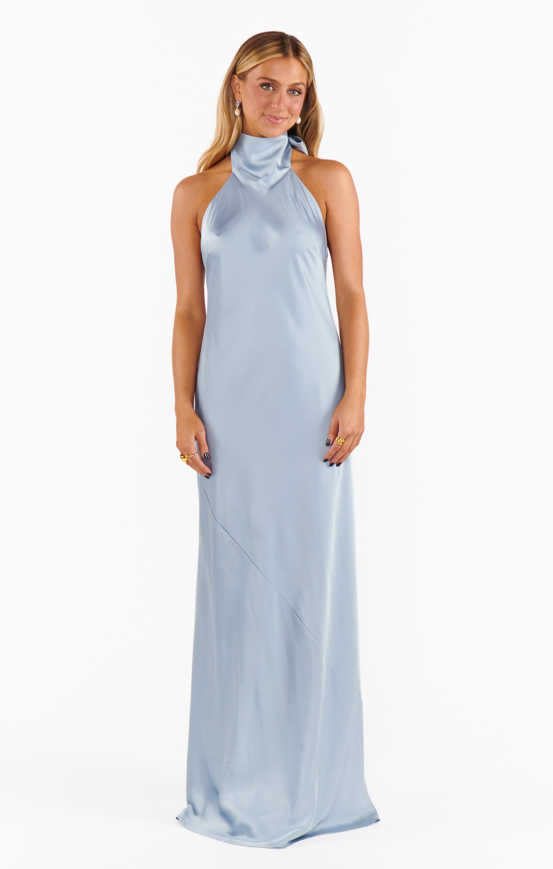 Lisa Maxi Dress - Steel Blue Satin Bridesmaid Gown with Halter Neck