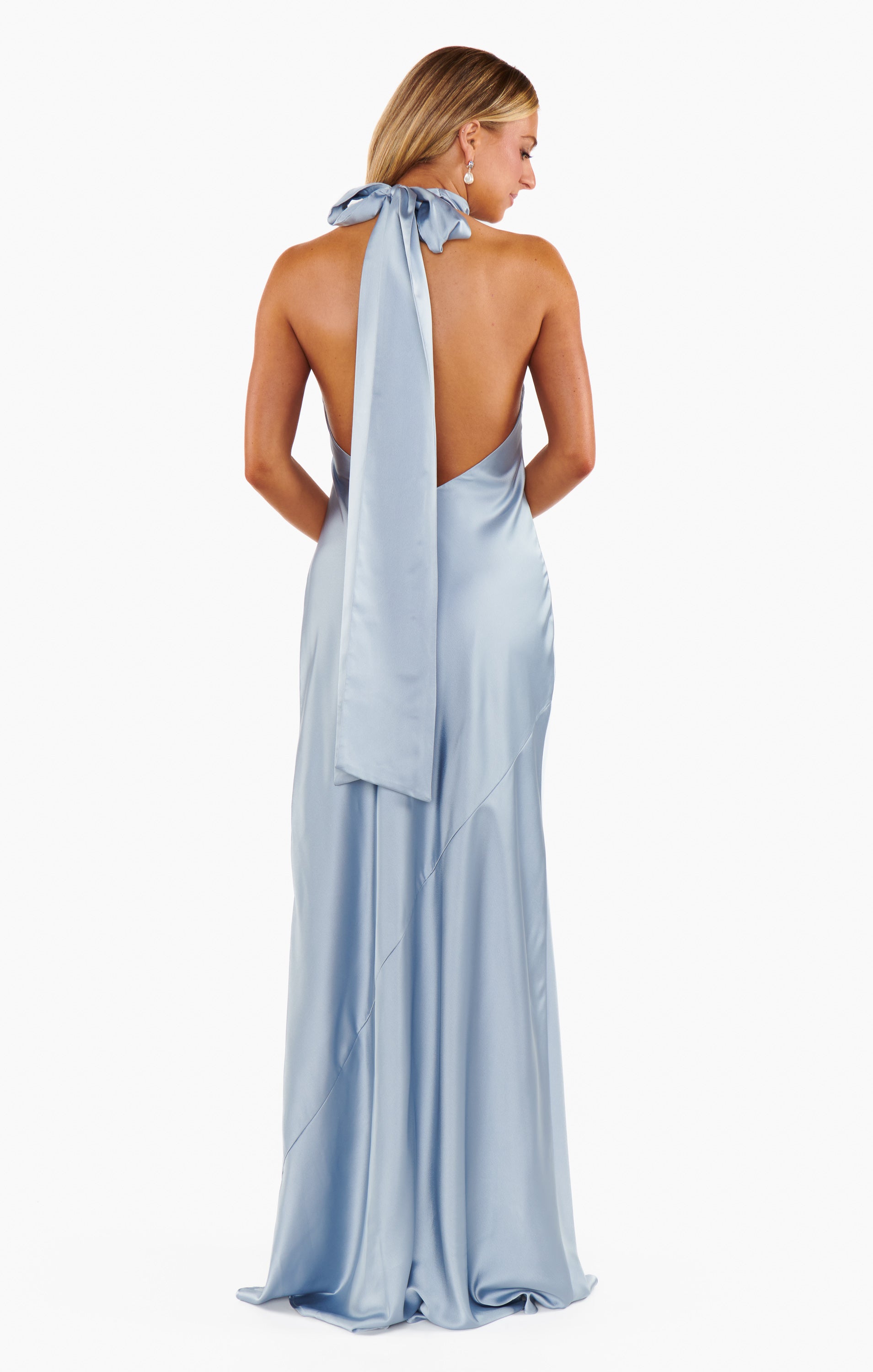 Lisa Maxi Dress - Steel Blue Satin Bridesmaid Gown with Halter Neck