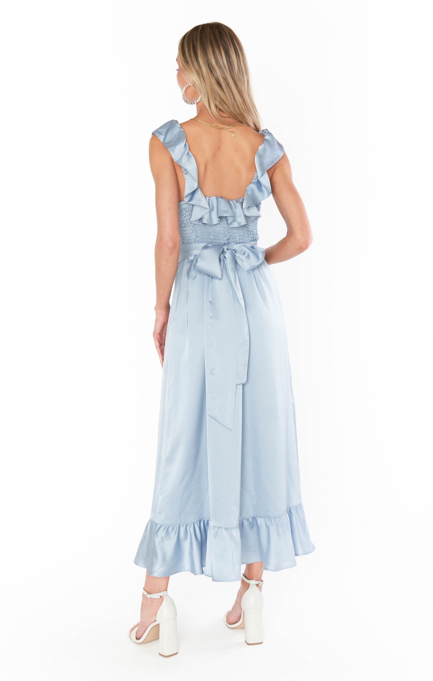Luxe Satin Midi Dress with Ruffles & Waist Ribbon - Alexis Steel Blue