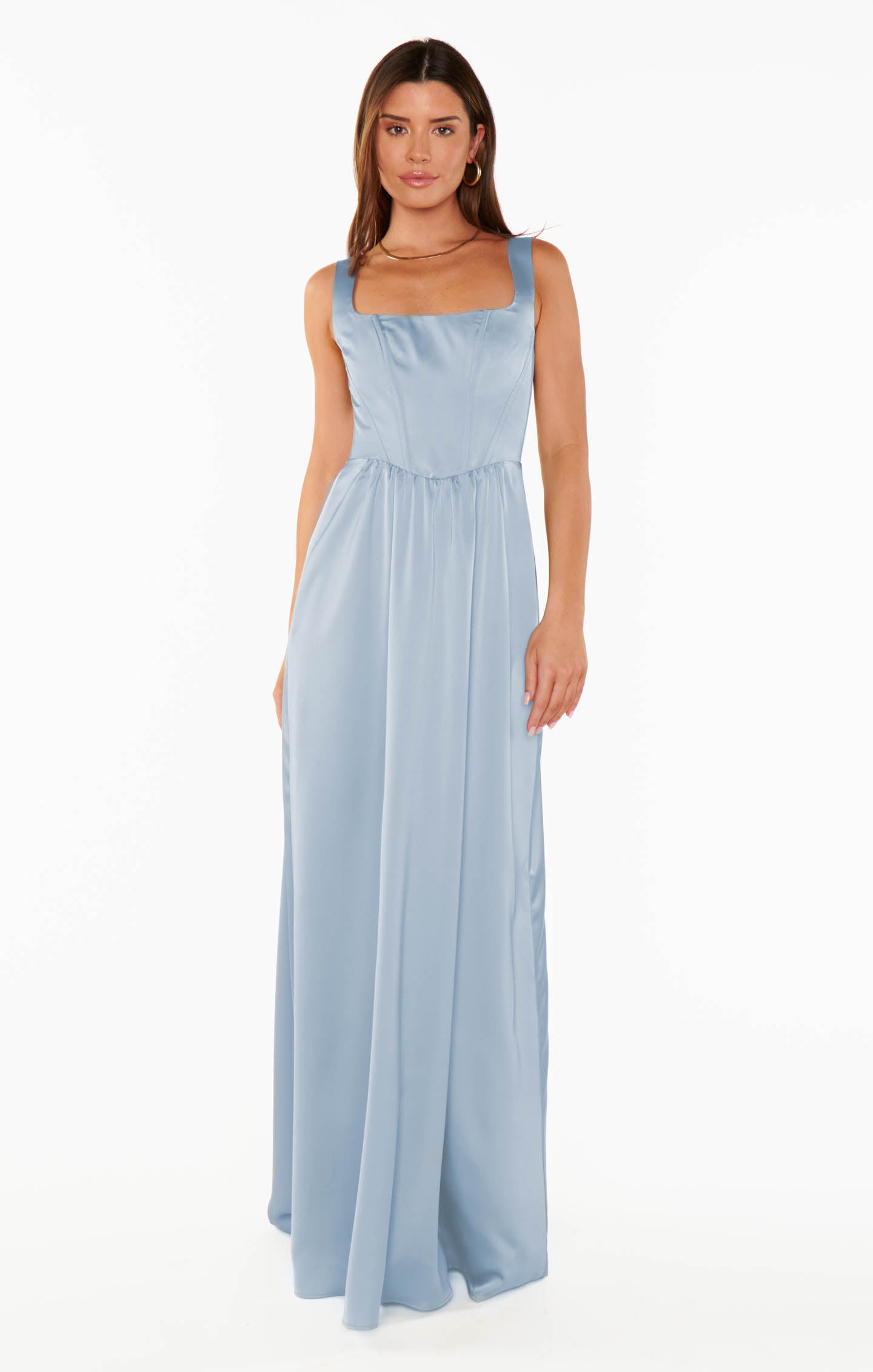 Nina Steel Blue Satin Maxi Dress with Corset Bodice