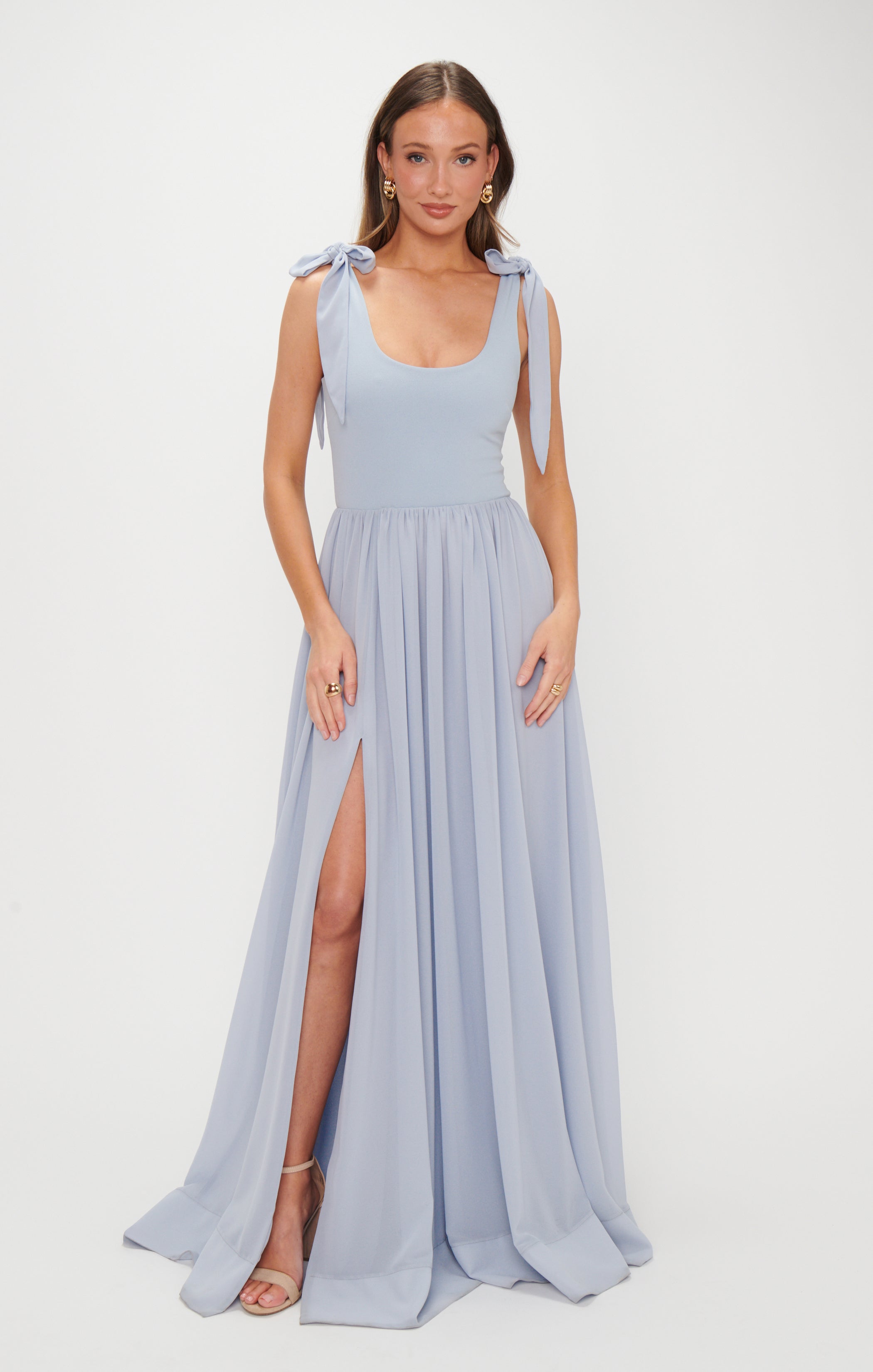 Harper Steel Blue Chiffon Maxi Dress with Detachable Bows