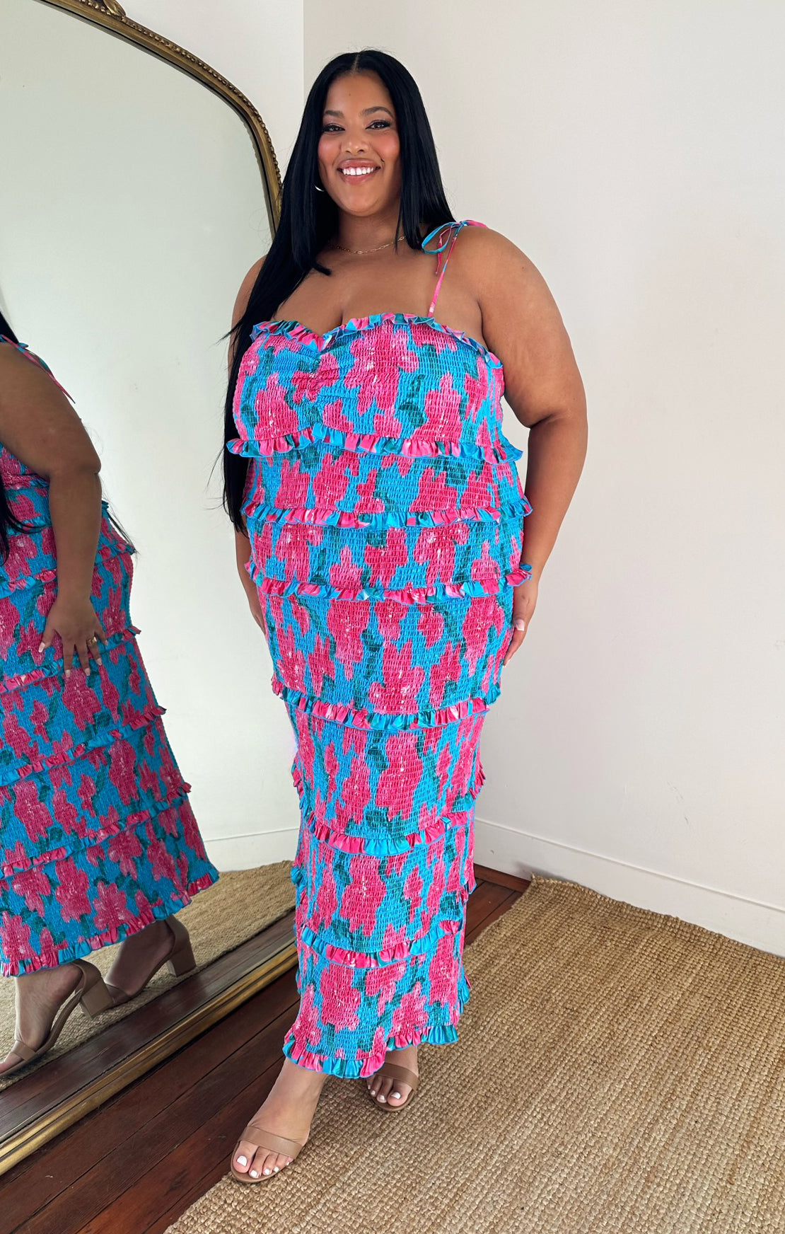 Stella Blue Smocked Midi Dress with Adjustable Straps