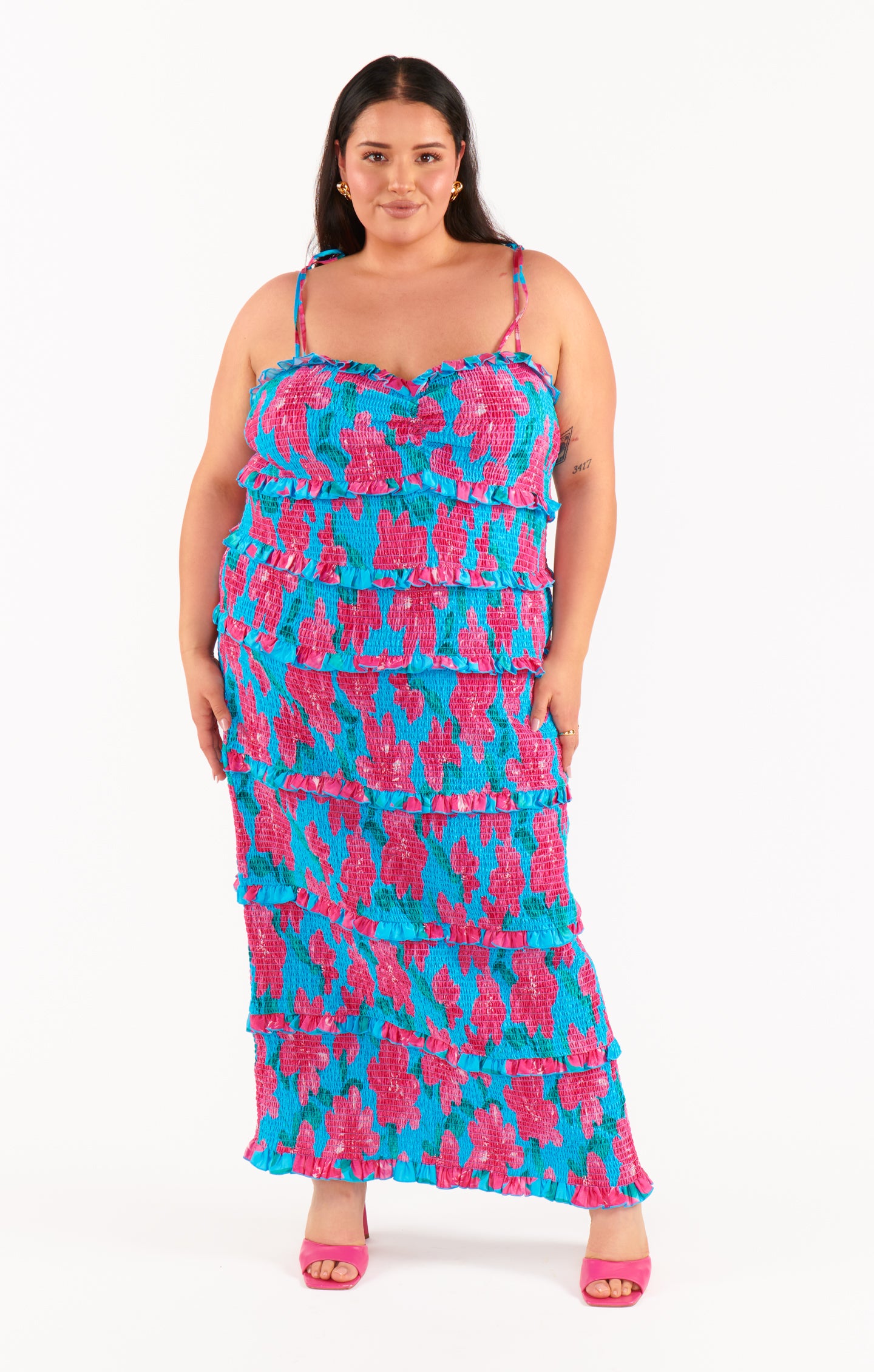 Stella Blue Smocked Midi Dress with Adjustable Straps