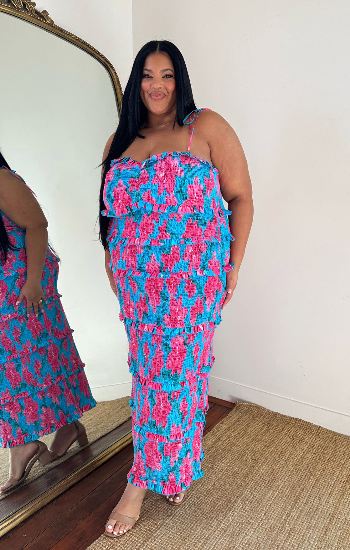Stella Blue Smocked Midi Dress with Adjustable Straps