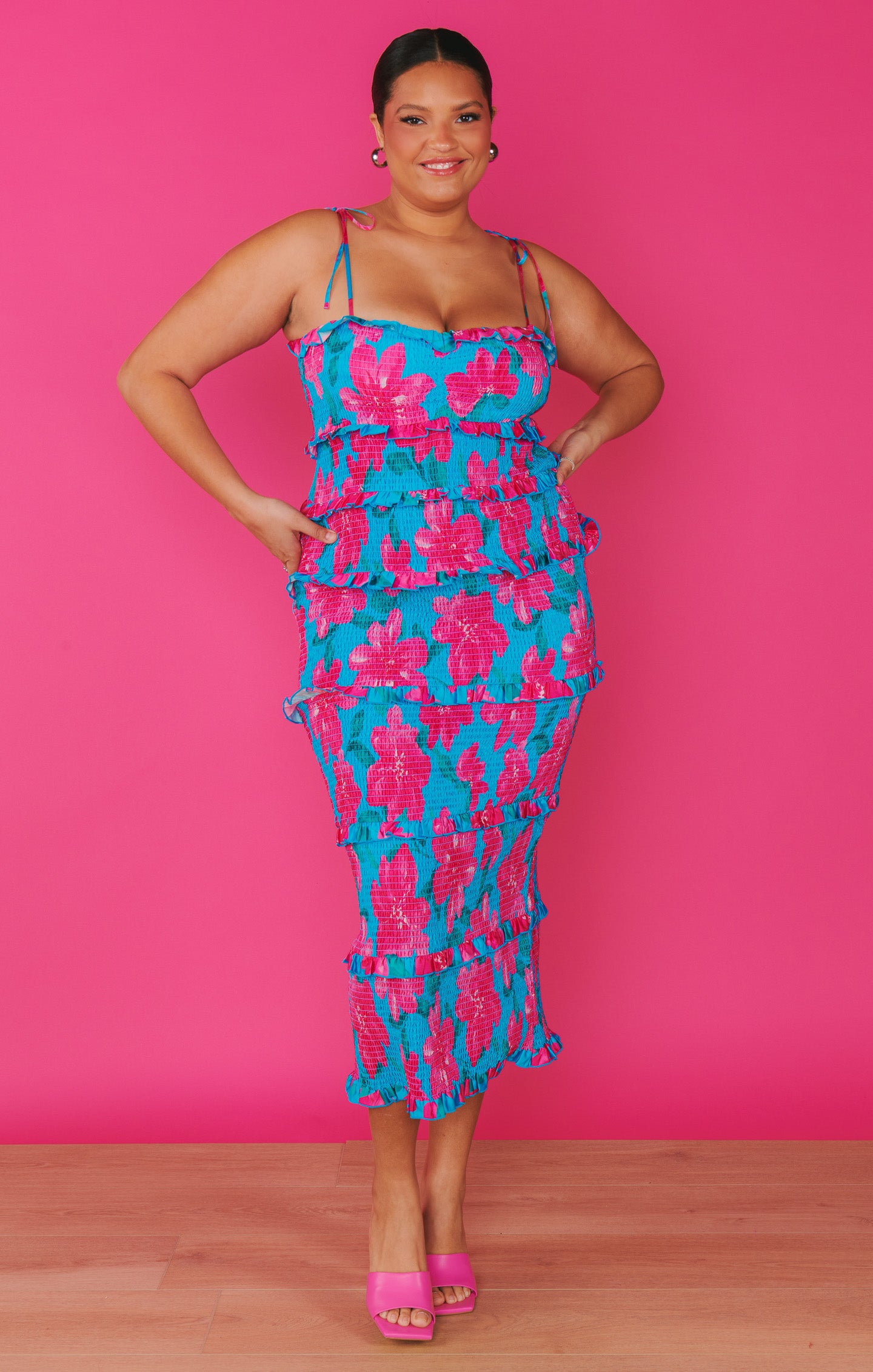 Stella Blue Smocked Midi Dress with Adjustable Straps