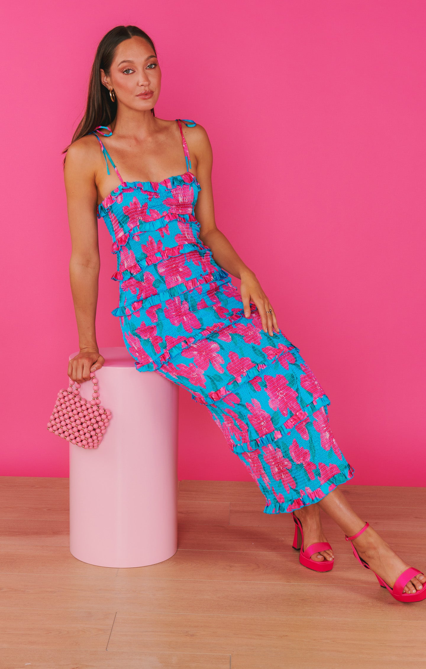 Stella Blue Smocked Midi Dress with Adjustable Straps