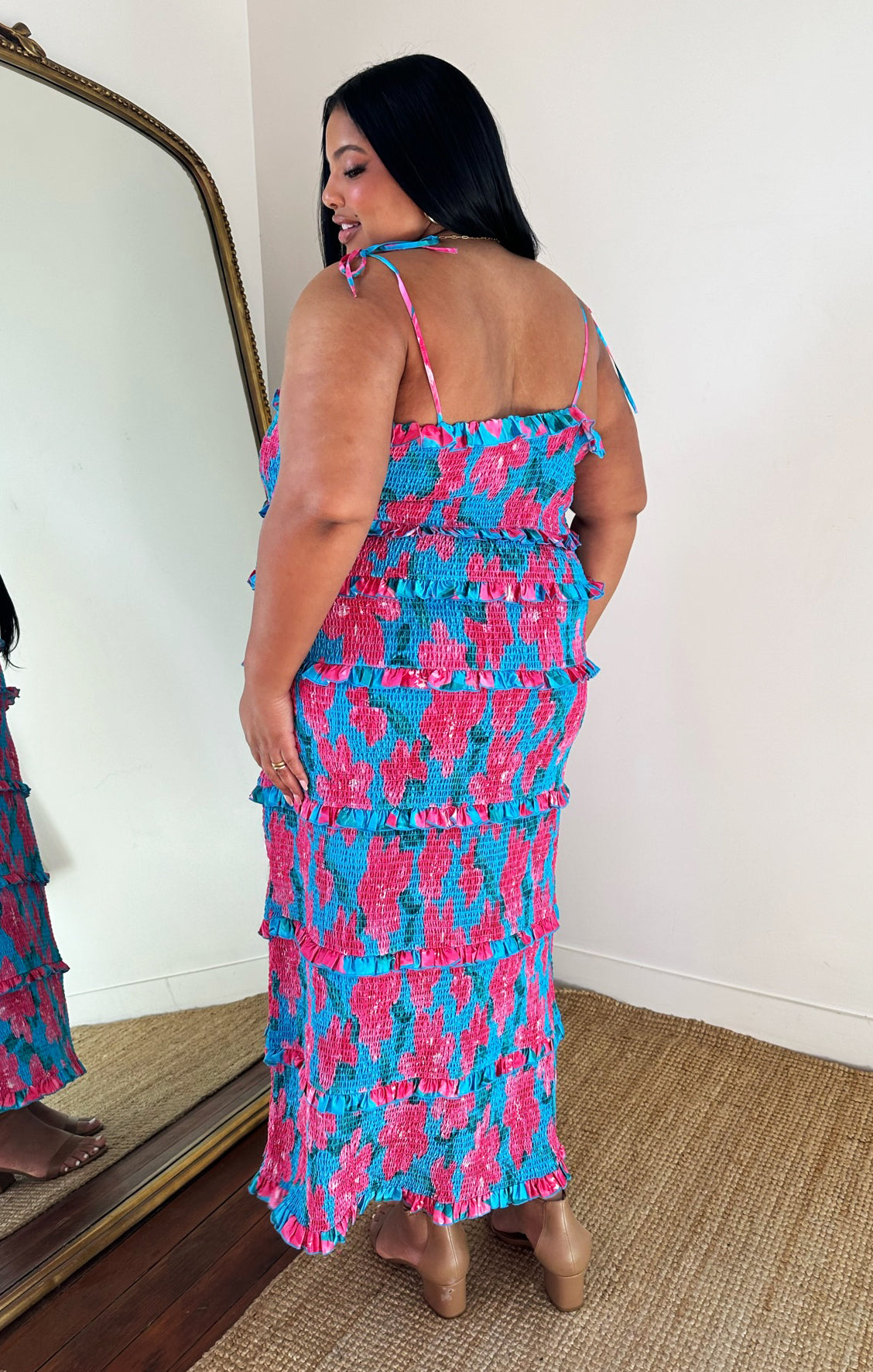 Stella Blue Smocked Midi Dress with Adjustable Straps