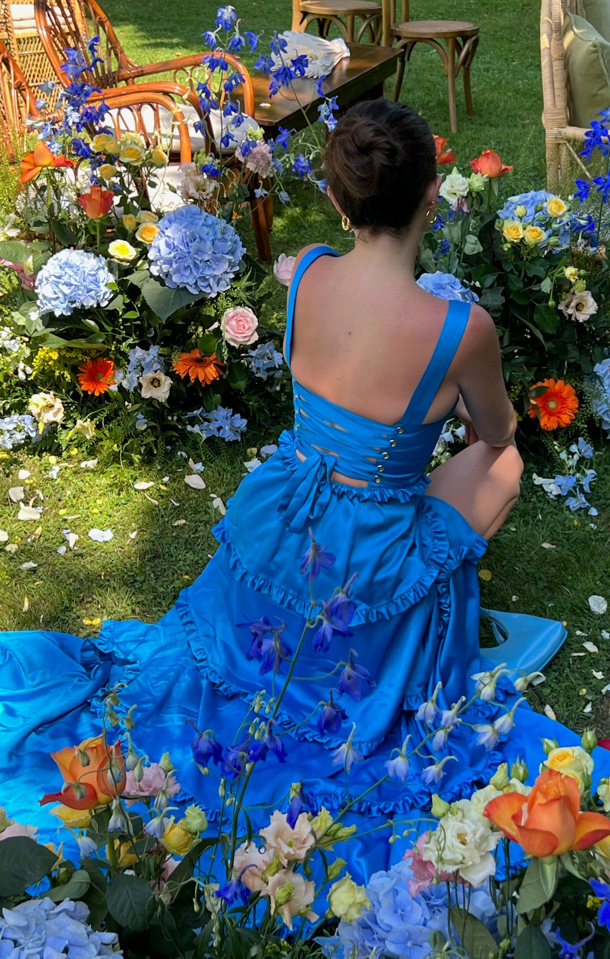 Blue Satin Corset Dress with Side Slit - Luxe Maxi Evening Gown