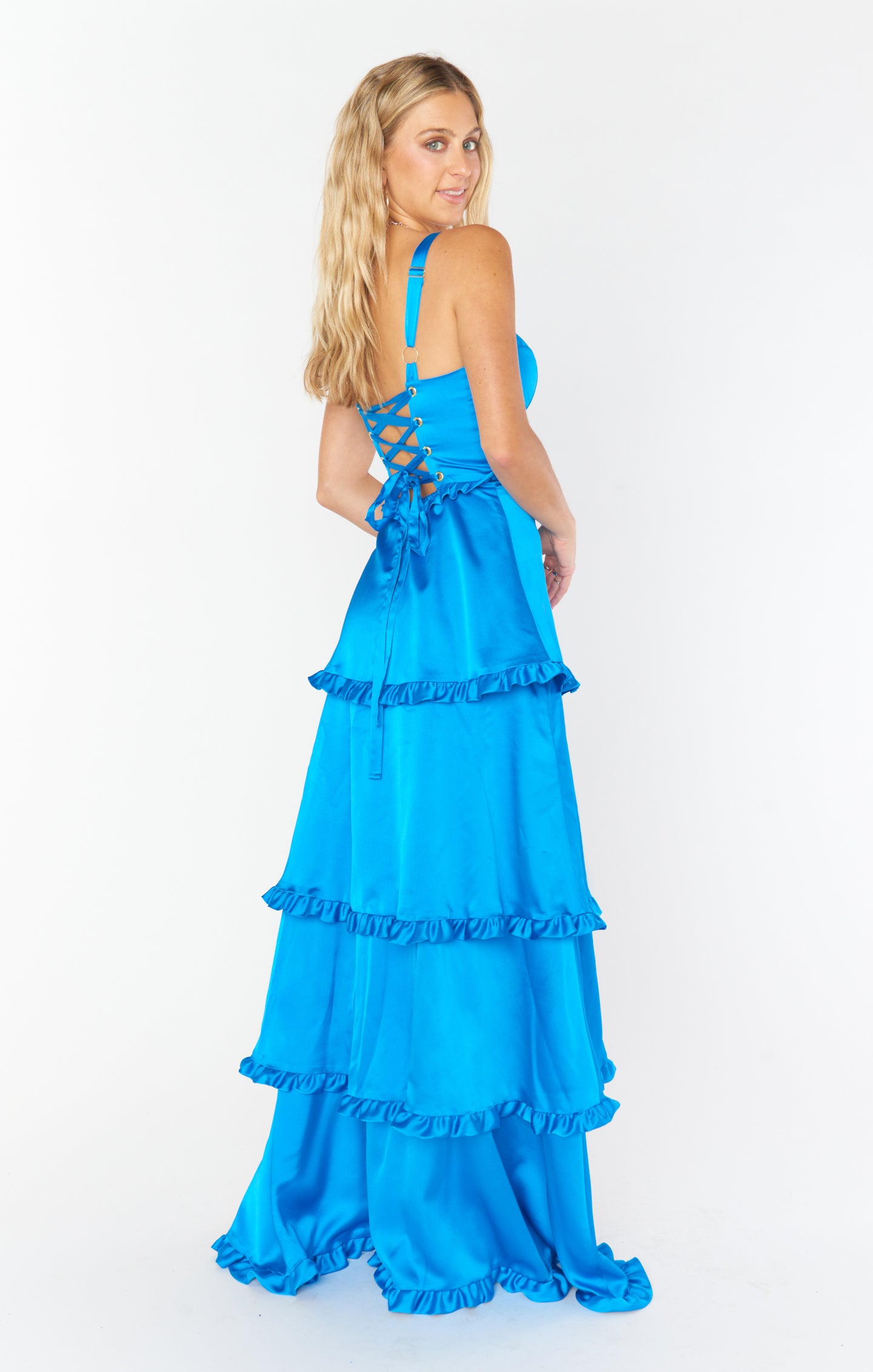 Blue Satin Corset Dress with Side Slit - Luxe Maxi Evening Gown