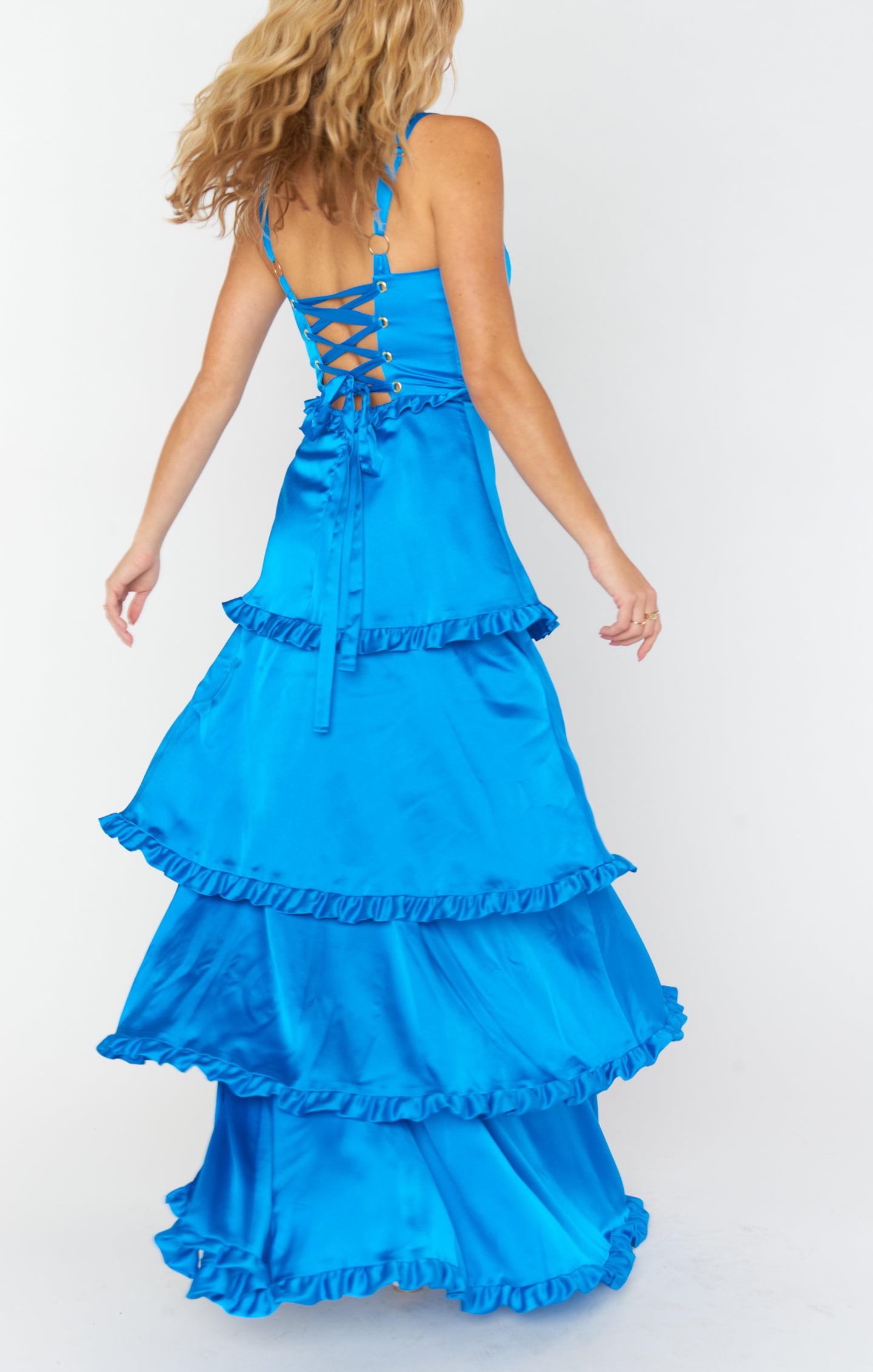 Blue Satin Corset Dress with Side Slit - Luxe Maxi Evening Gown