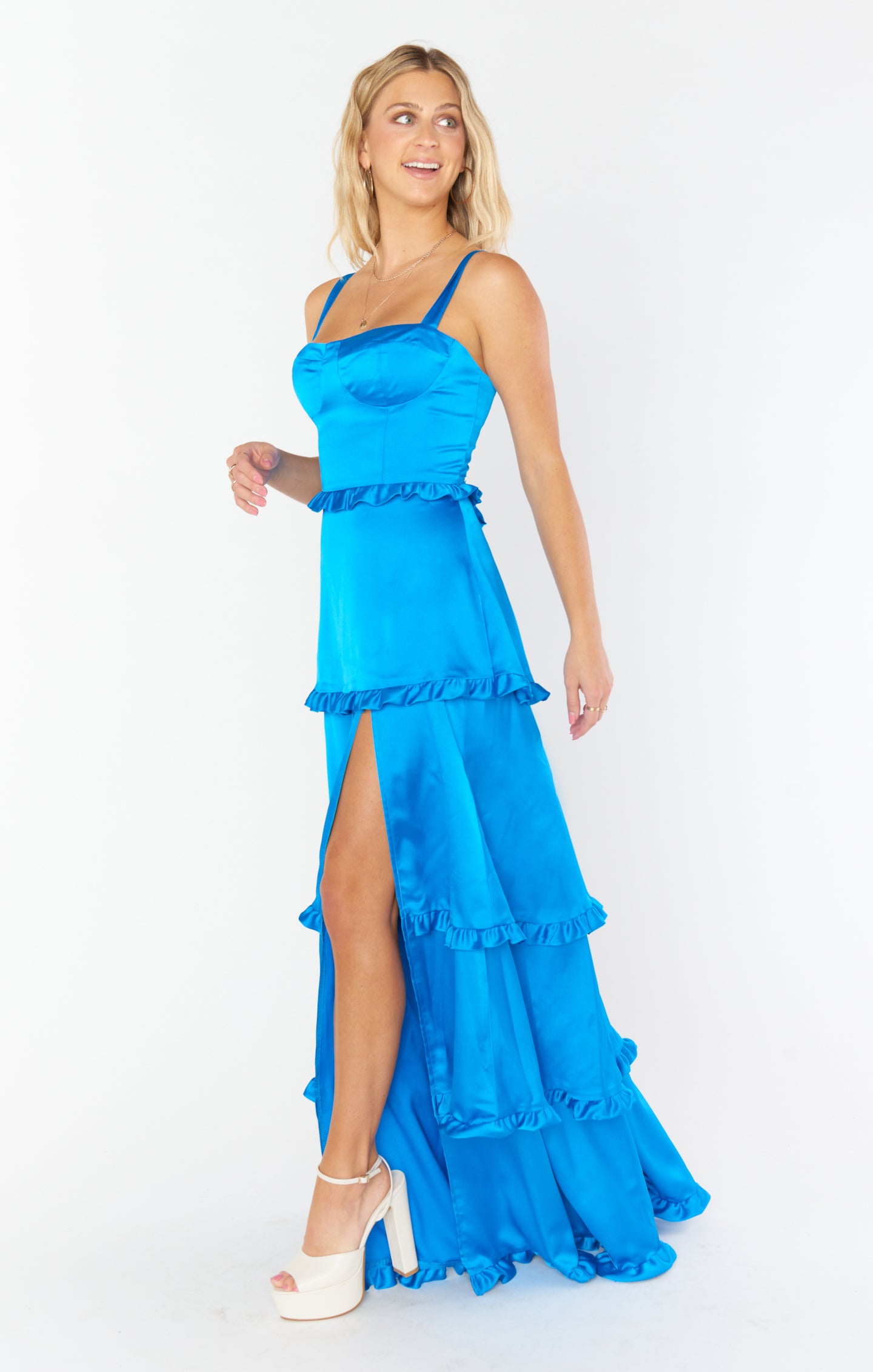 Blue Satin Corset Dress with Side Slit - Luxe Maxi Evening Gown