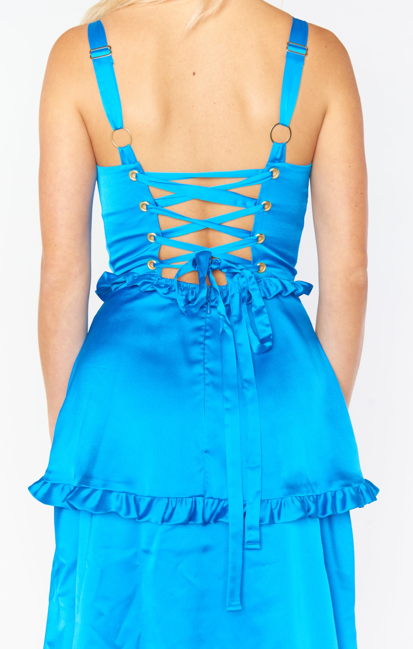 Blue Satin Corset Dress with Side Slit - Luxe Maxi Evening Gown