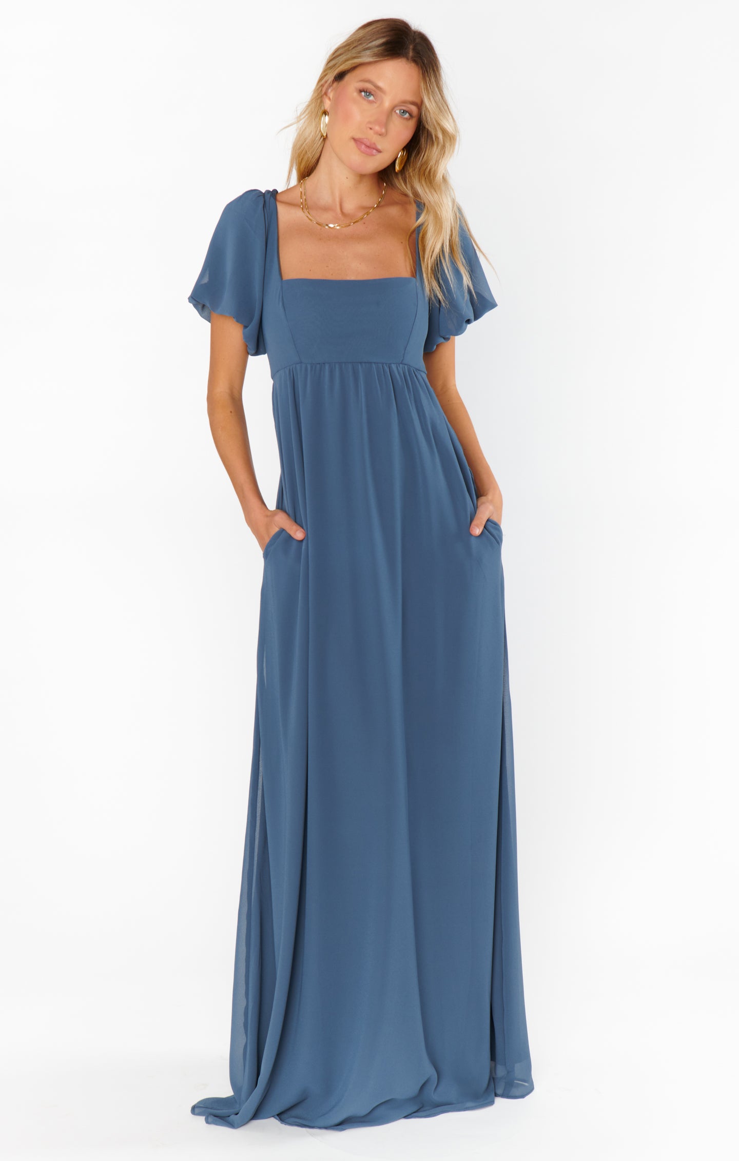 Nora Maxi Dress with Square Neckline & Smocked Back - Slate Blue Chiffon