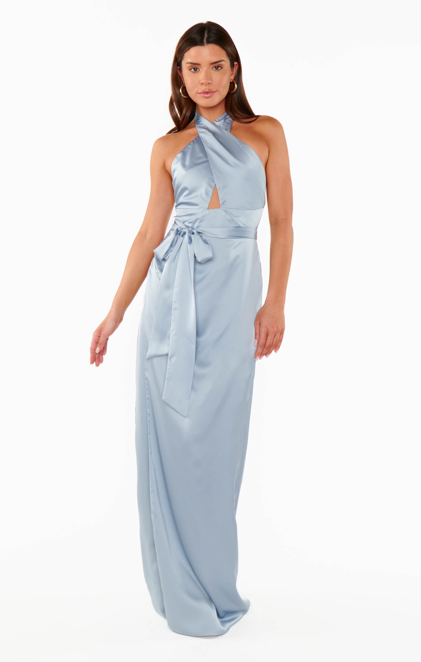 Adele Steel Blue Satin Halter Maxi Dress - Backless Elegance