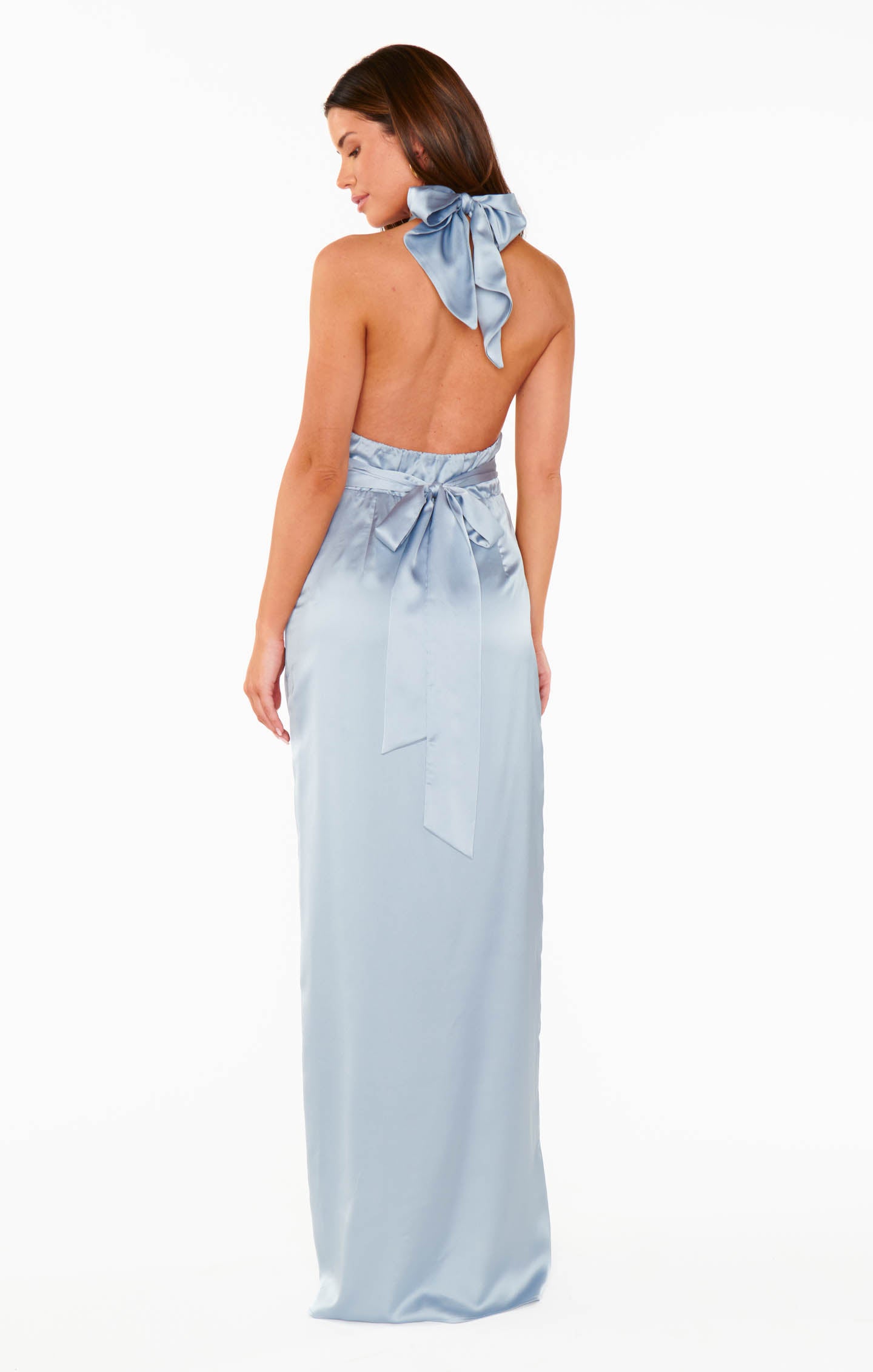 Adele Steel Blue Satin Halter Maxi Dress - Backless Elegance