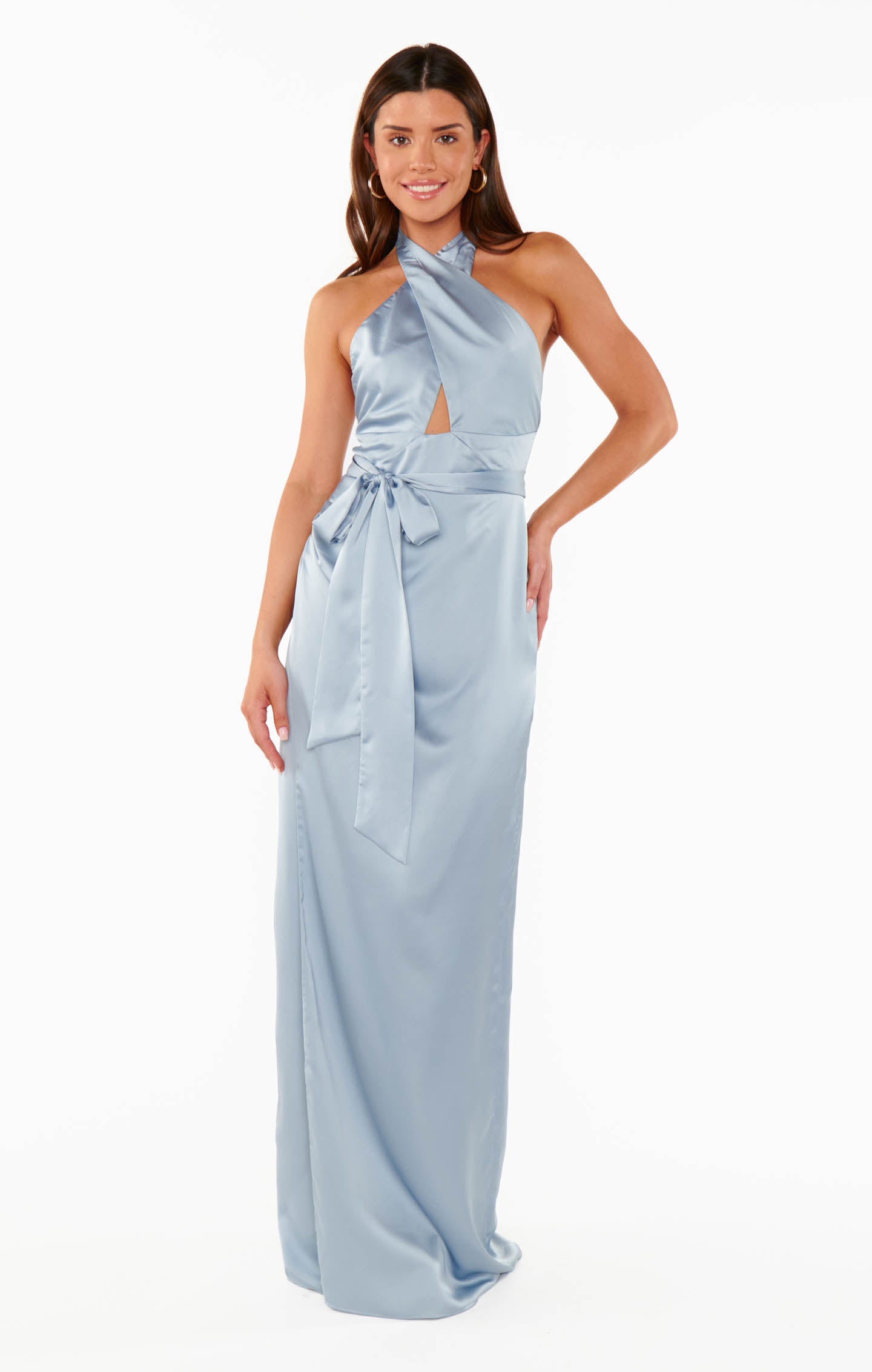 Adele Steel Blue Satin Halter Maxi Dress - Backless Elegance