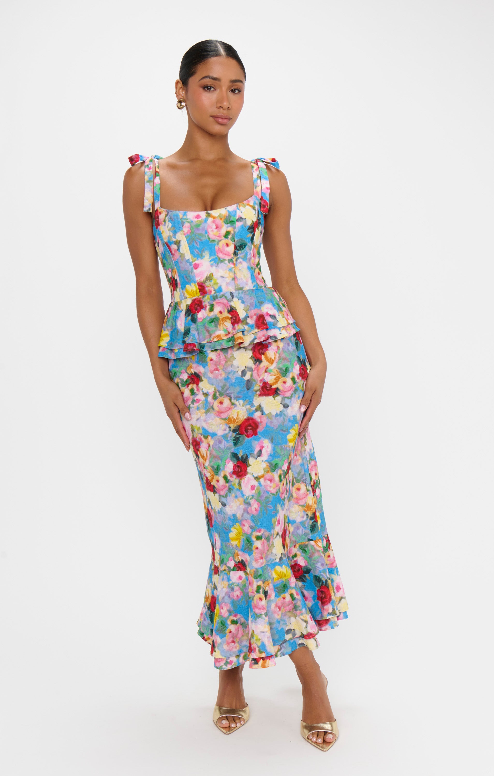 Pauline Peplum Dress with Tie Shoulder Straps & Ruffled Hem