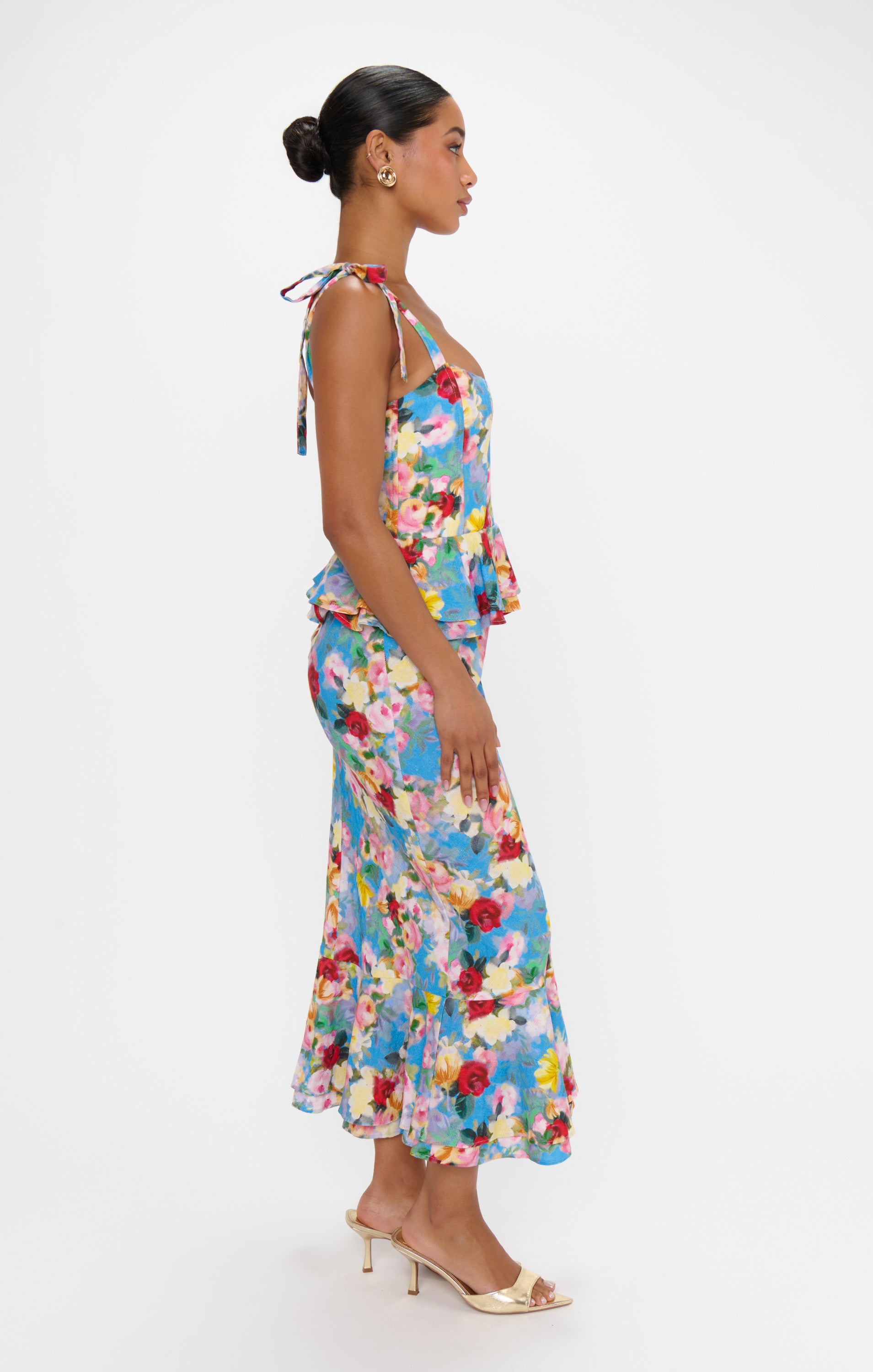 Pauline Peplum Dress with Tie Shoulder Straps & Ruffled Hem