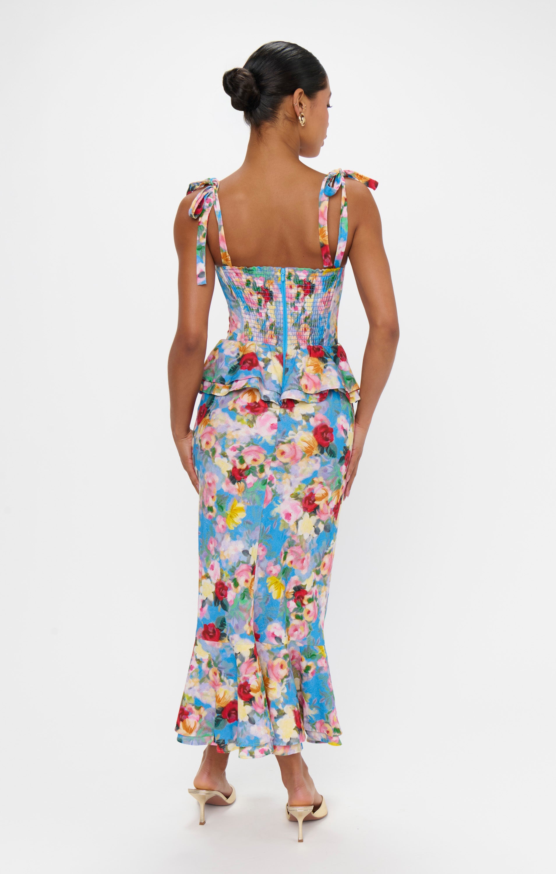 Pauline Peplum Dress with Tie Shoulder Straps & Ruffled Hem
