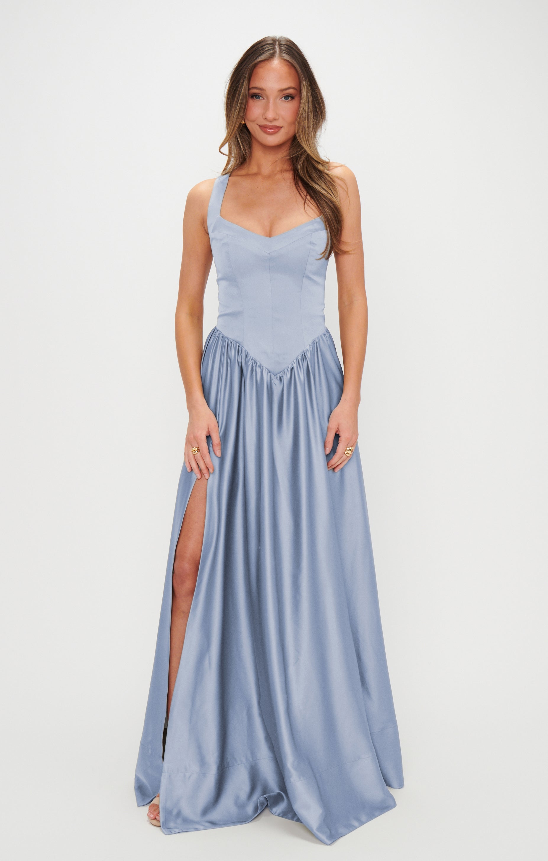 Abigail Steel Blue Satin Maxi Dress with Sweetheart Neckline & Leg Slit