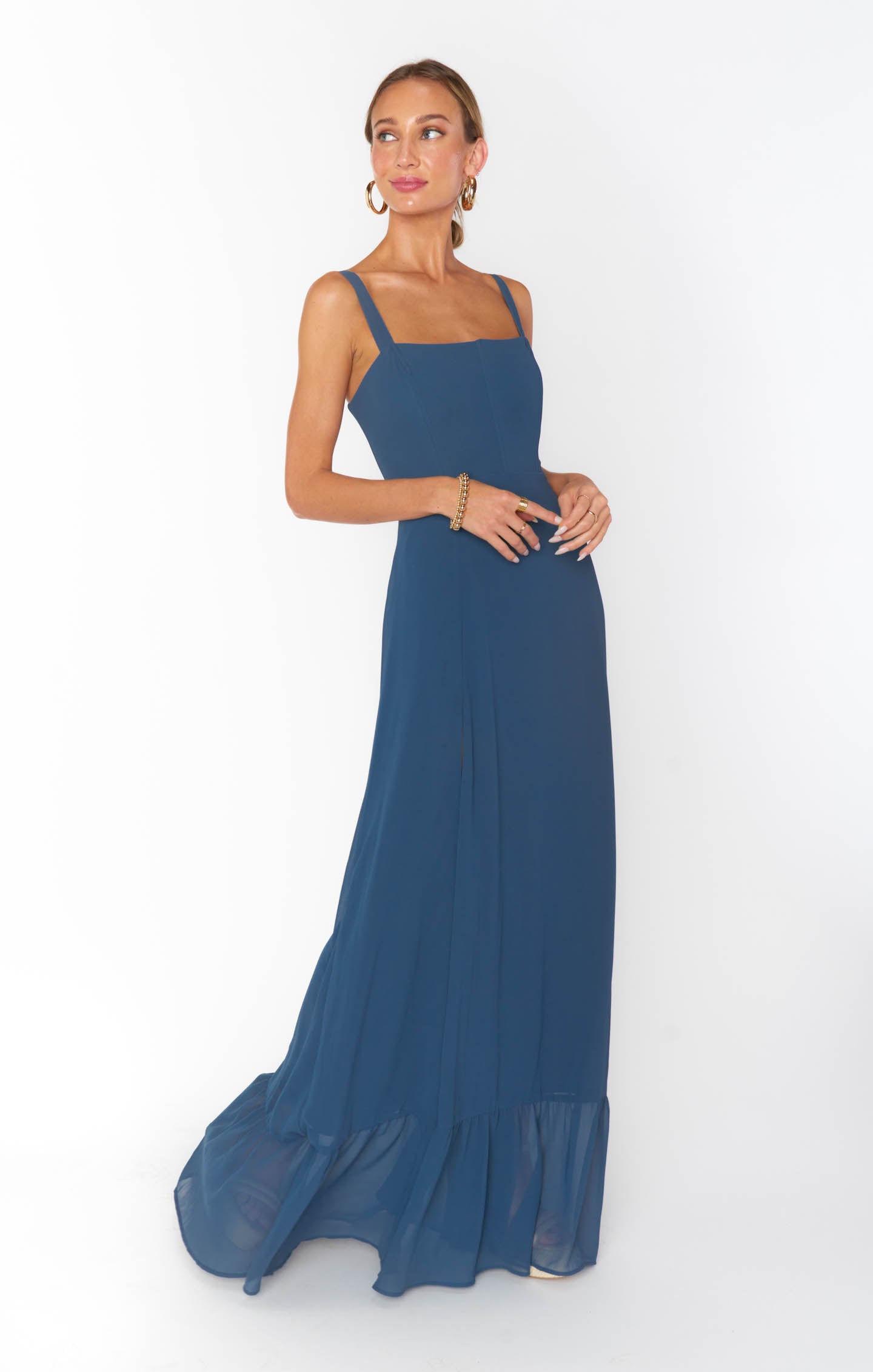 Clarissa Slate Blue Chiffon Corset Maxi Dress with Side Slit